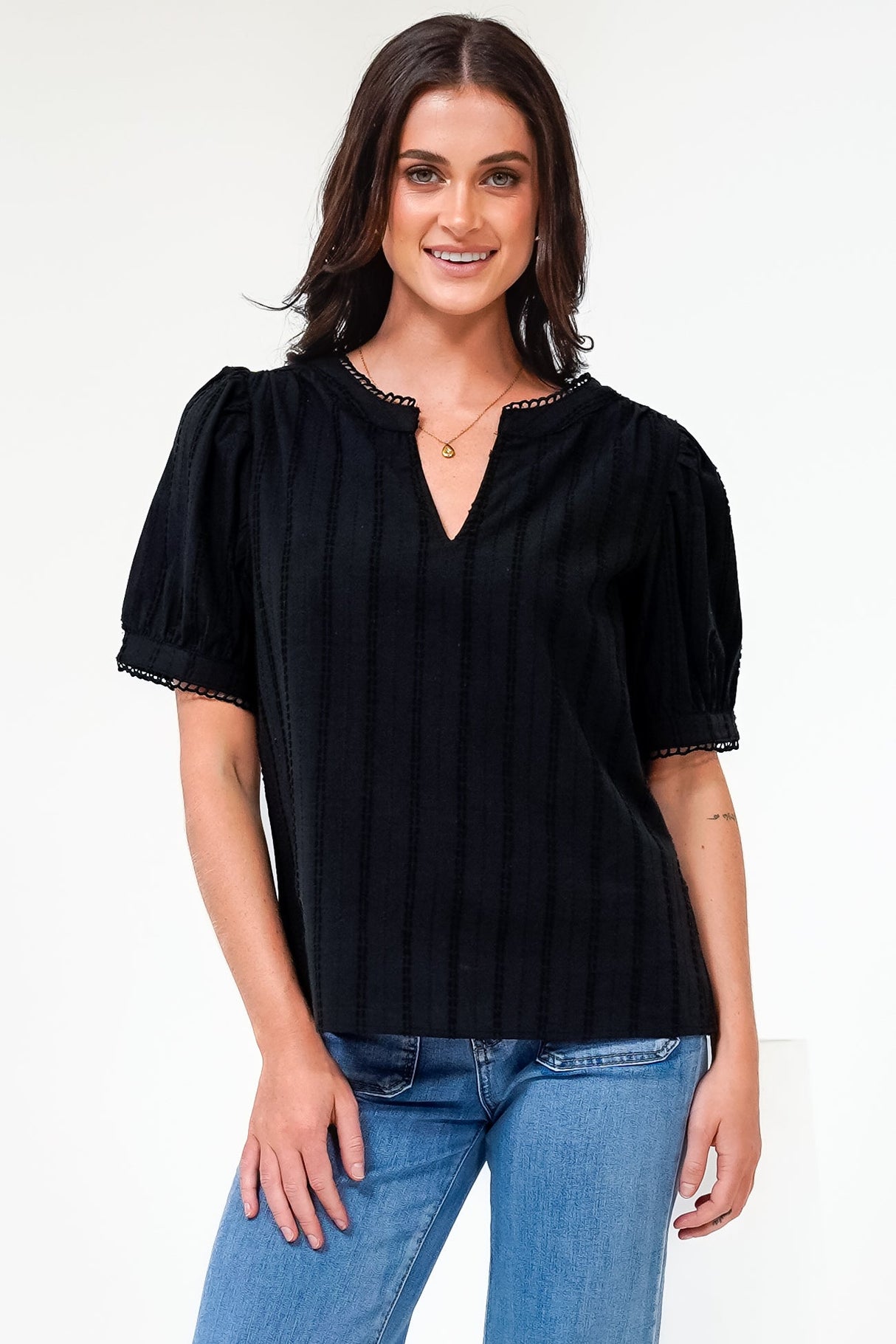 Loyalty Top - Textured V-Neck Split Collar Top with Puff Sleeves and Scallop Trims in Black