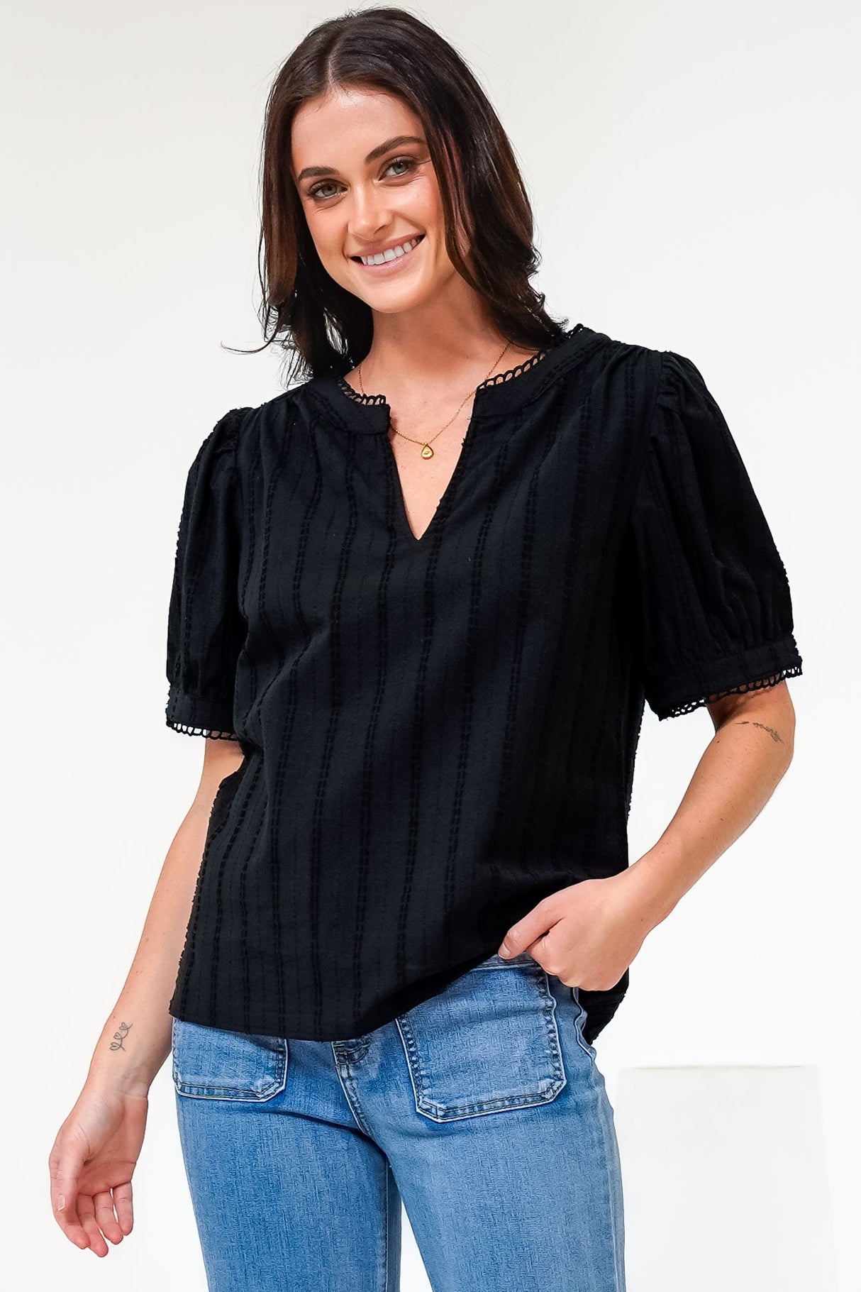 Loyalty Top - Textured V-Neck Split Collar Top with Puff Sleeves and Scallop Trims in Black