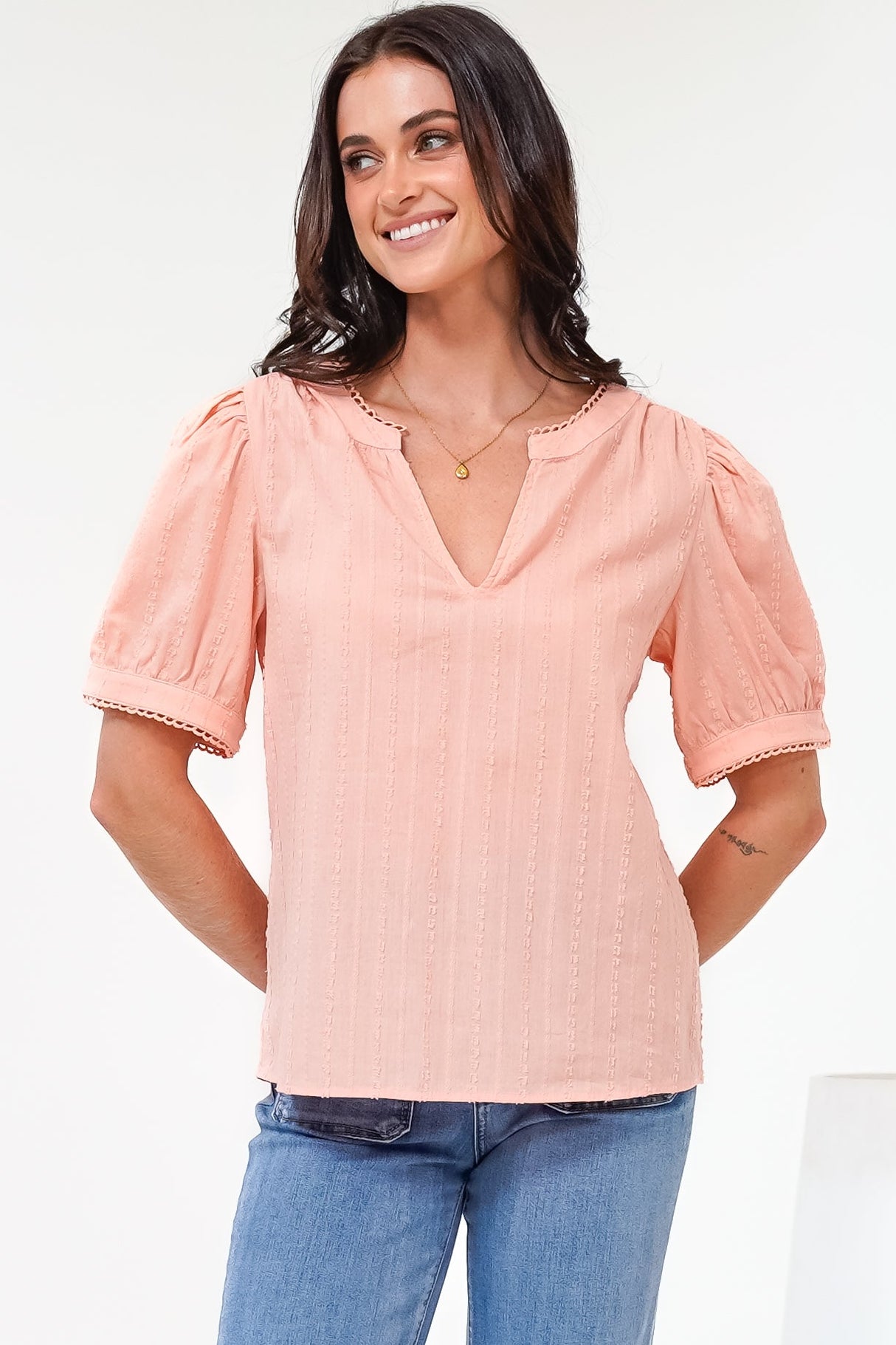 Loyalty Top - Textured V-Neck Split Collar Top with Puff Sleeves and Scallop Trims in Peach