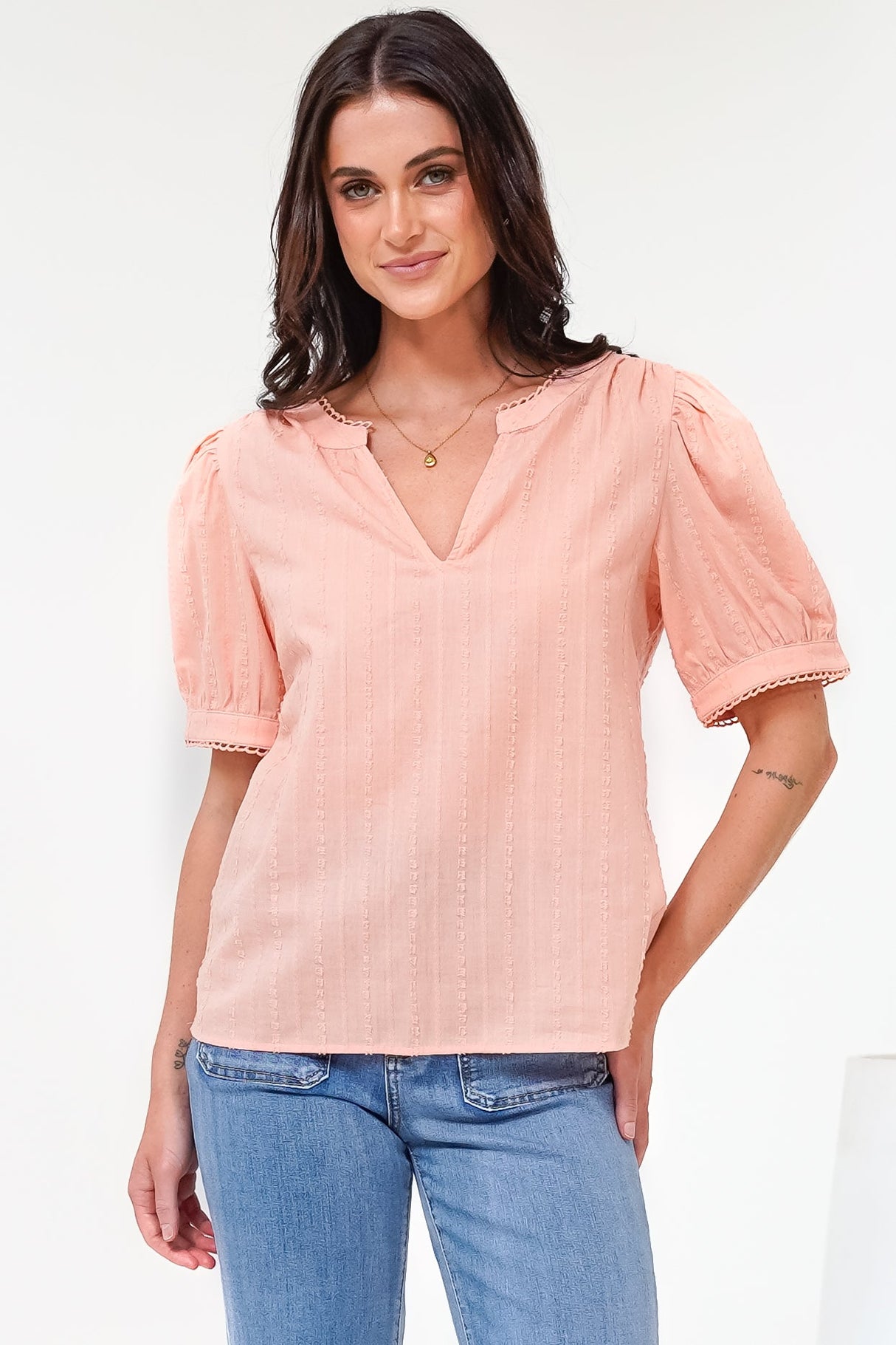 Loyalty Top - Textured V-Neck Split Collar Top with Puff Sleeves and Scallop Trims in Peach