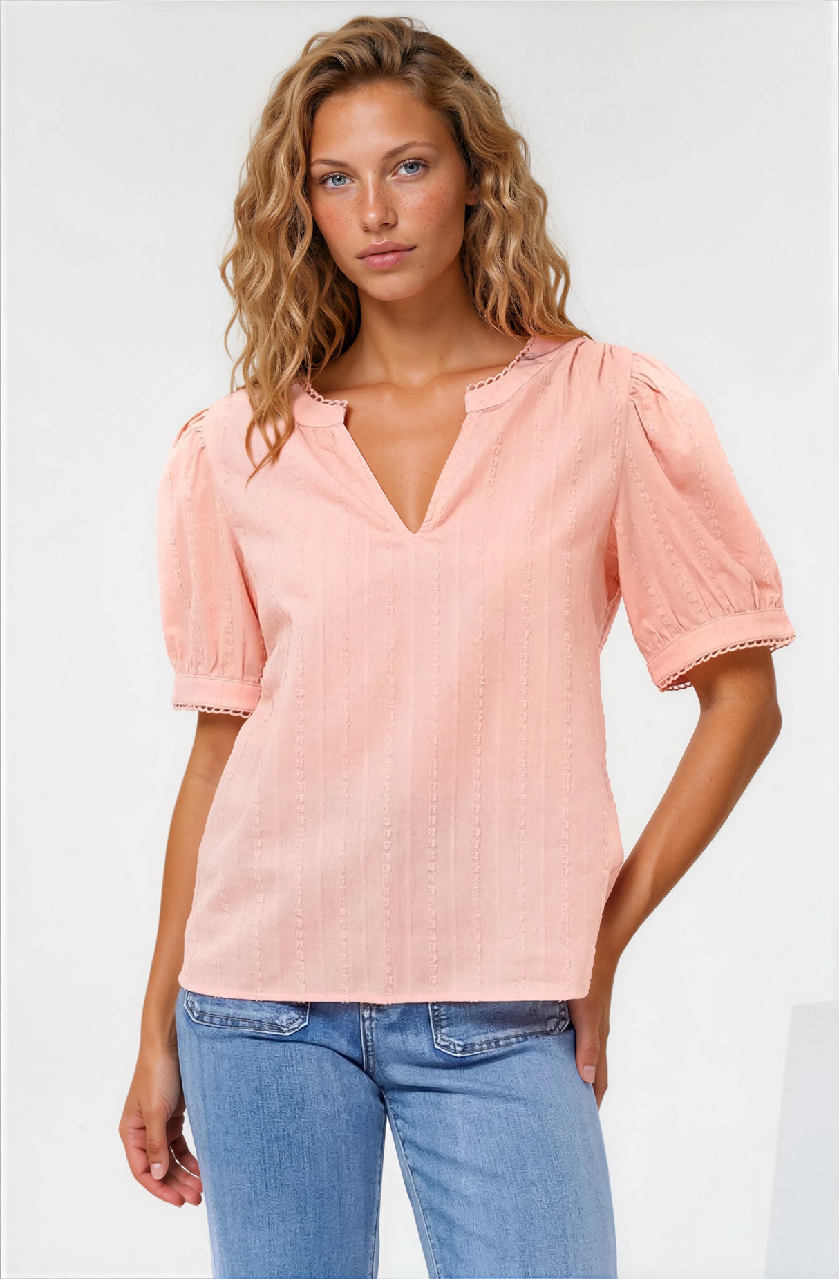 Loyalty Top - Textured V-Neck Split Collar Top with Puff Sleeves and Scallop Trims in Peach