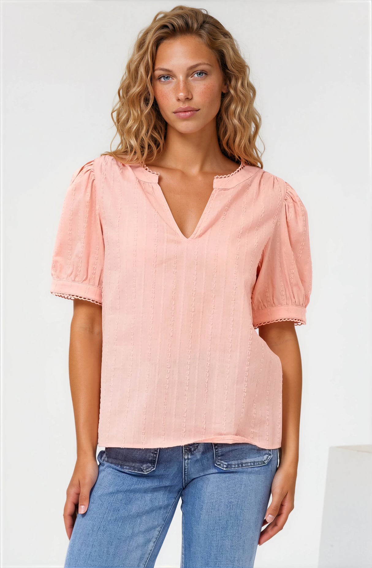 Loyalty Top - Textured V-Neck Split Collar Top with Puff Sleeves and Scallop Trims in Peach