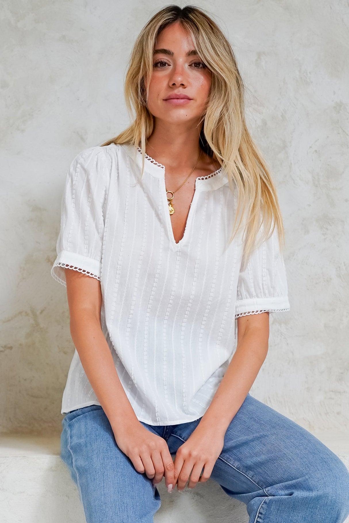 Loyalty Top - Textured V-Neck Split Collar Top with Puff Sleeves and Scallop Trims in White