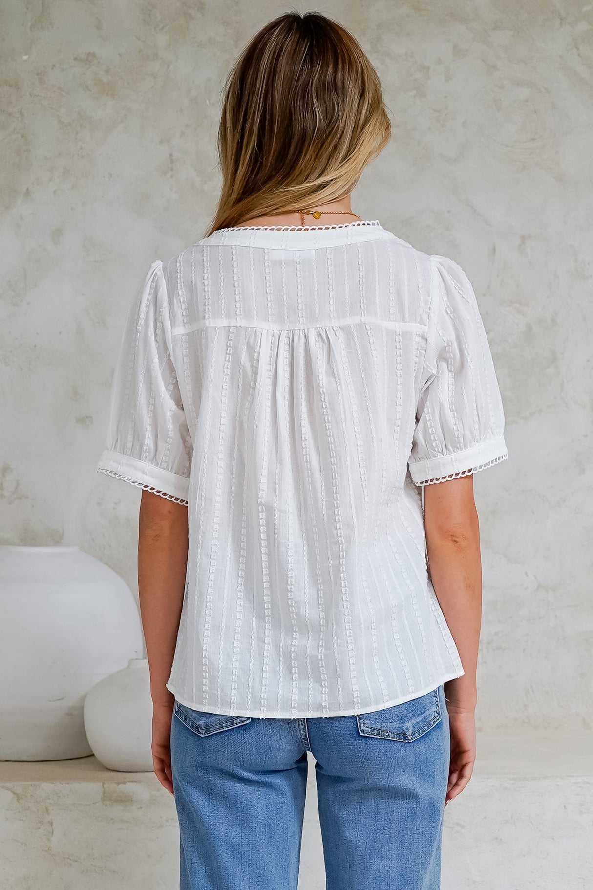 Loyalty Top - Textured V-Neck Split Collar Top with Puff Sleeves and Scallop Trims in White