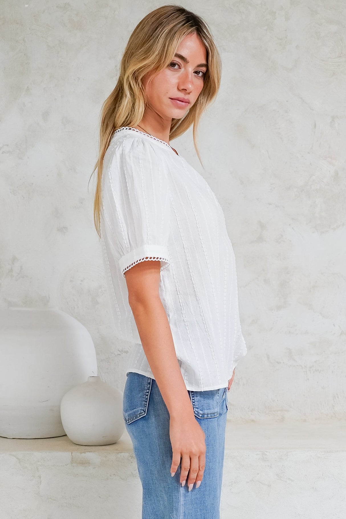 Loyalty Top - Textured V-Neck Split Collar Top with Puff Sleeves and Scallop Trims in White