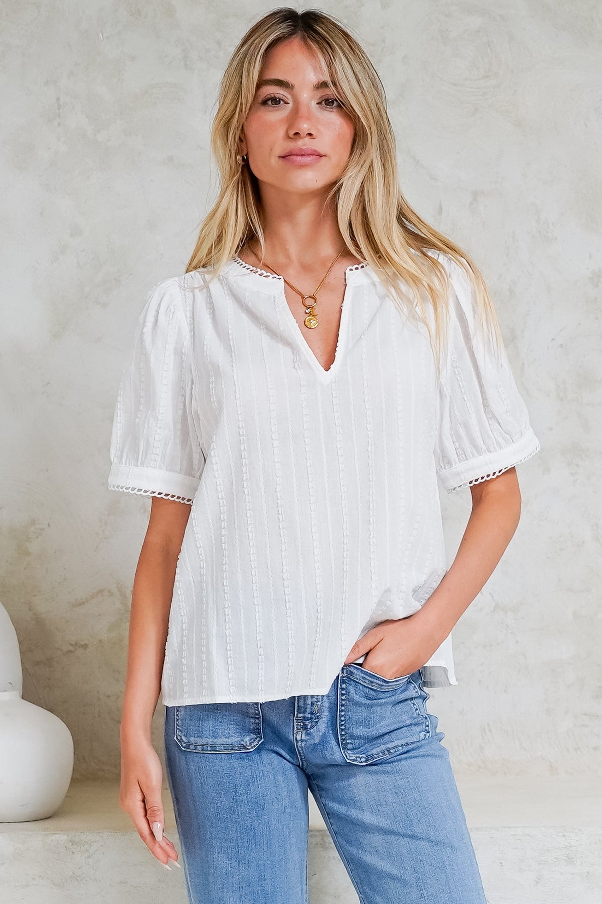 Loyalty Top - Textured V-Neck Split Collar Top with Puff Sleeves and Scallop Trims in White
