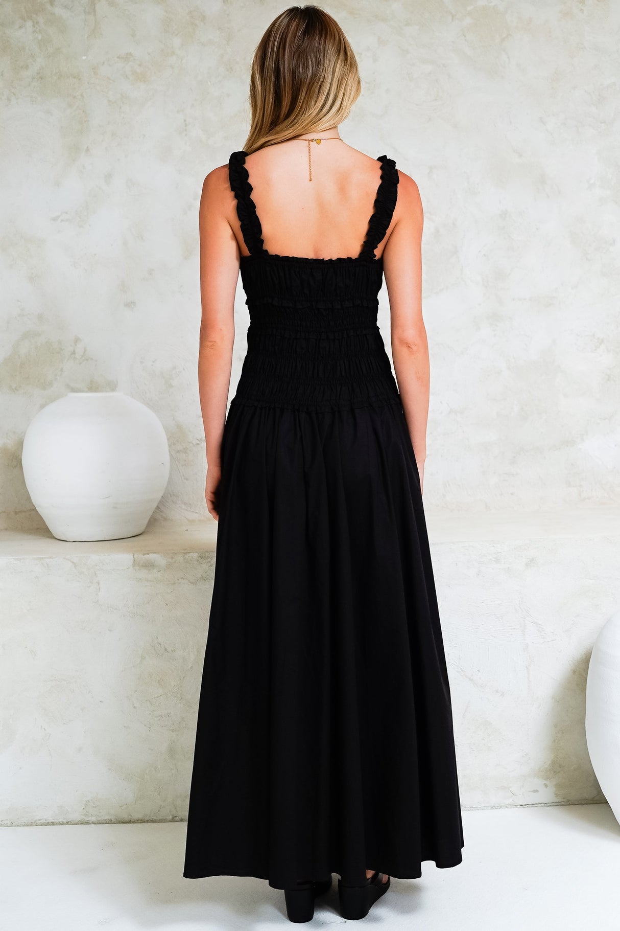 Loyola Maxi Dress - Shirred Bodice Sun Dress with Side Split in Black