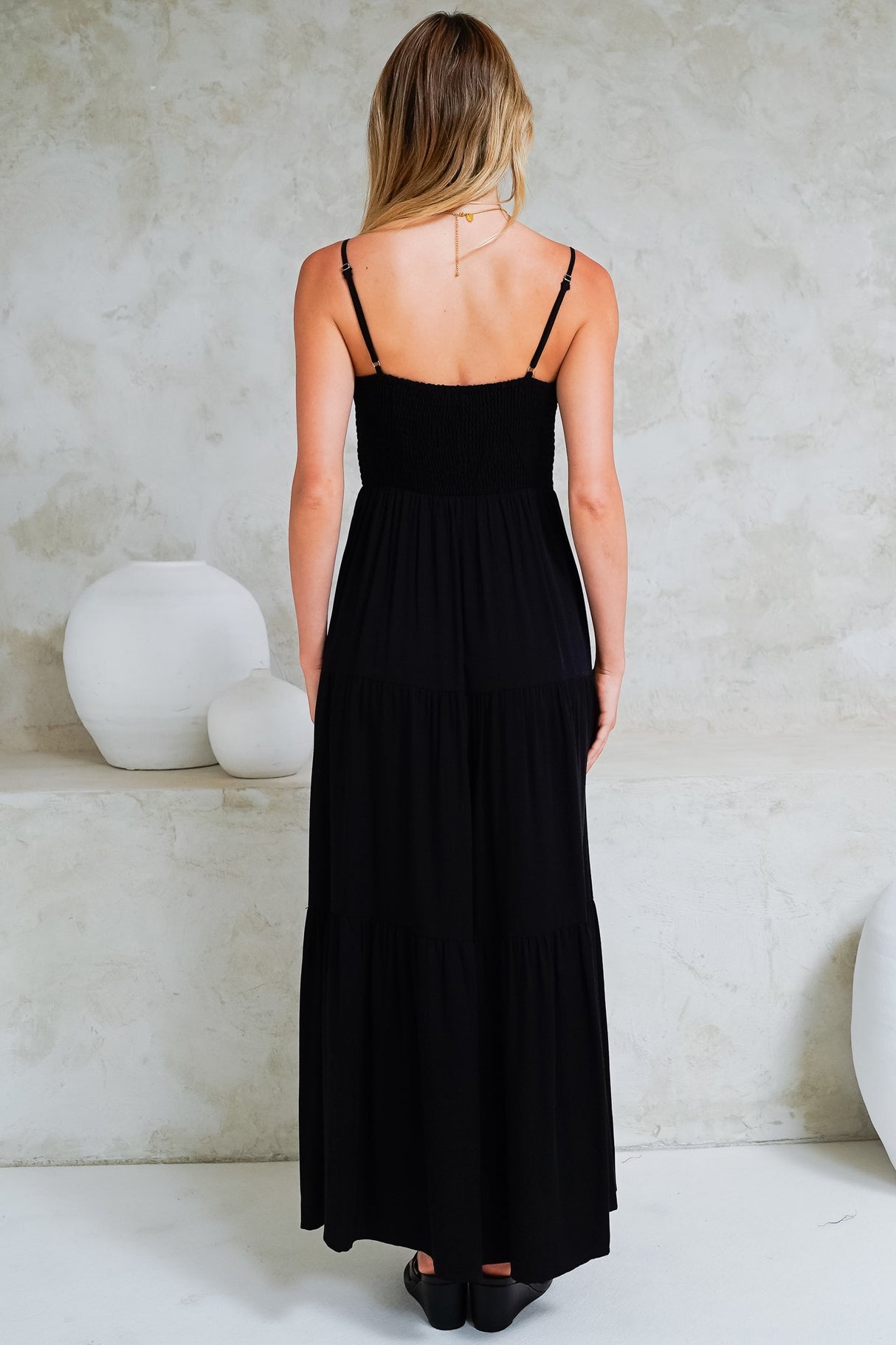 Constantine Maxi Dress - Bow Tie Bust Tiered Sun Dress with Pockets in Black