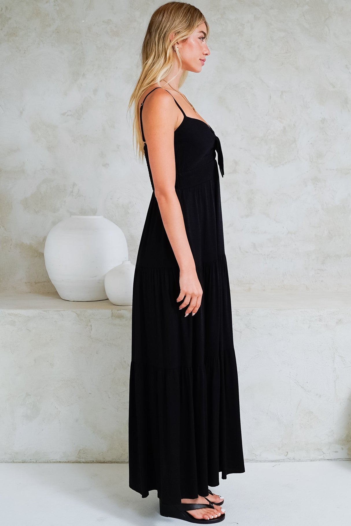 Constantine Maxi Dress - Bow Tie Bust Tiered Sun Dress with Pockets in Black