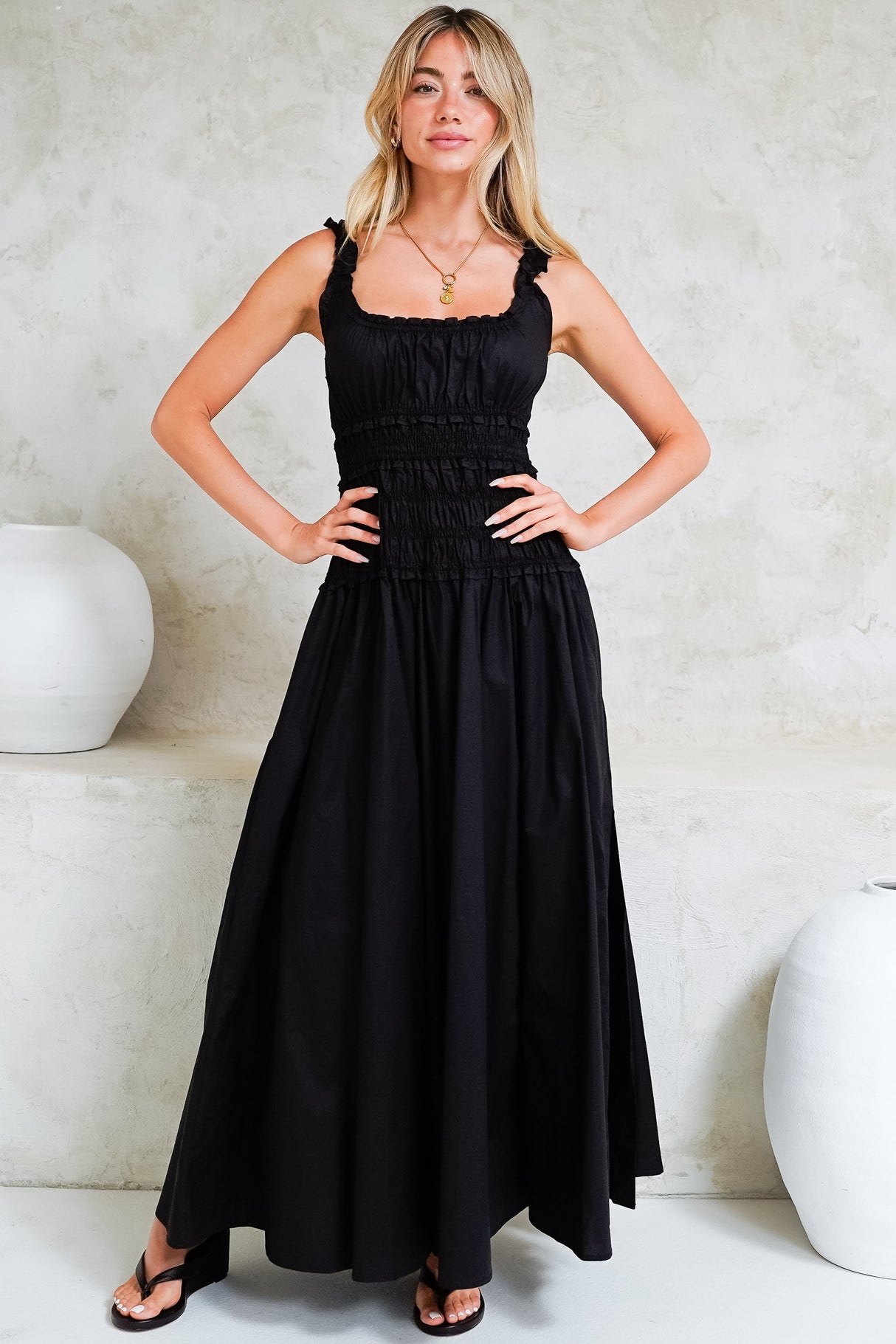 Loyola Maxi Dress - Shirred Bodice Sun Dress with Side Split in Black