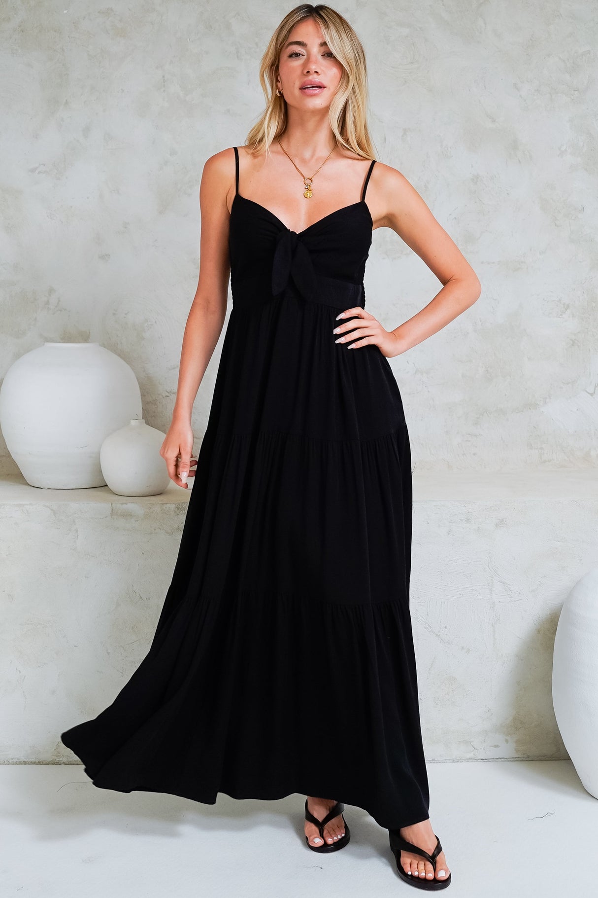 Constantine Maxi Dress - Bow Tie Bust Tiered Sun Dress with Pockets in Black