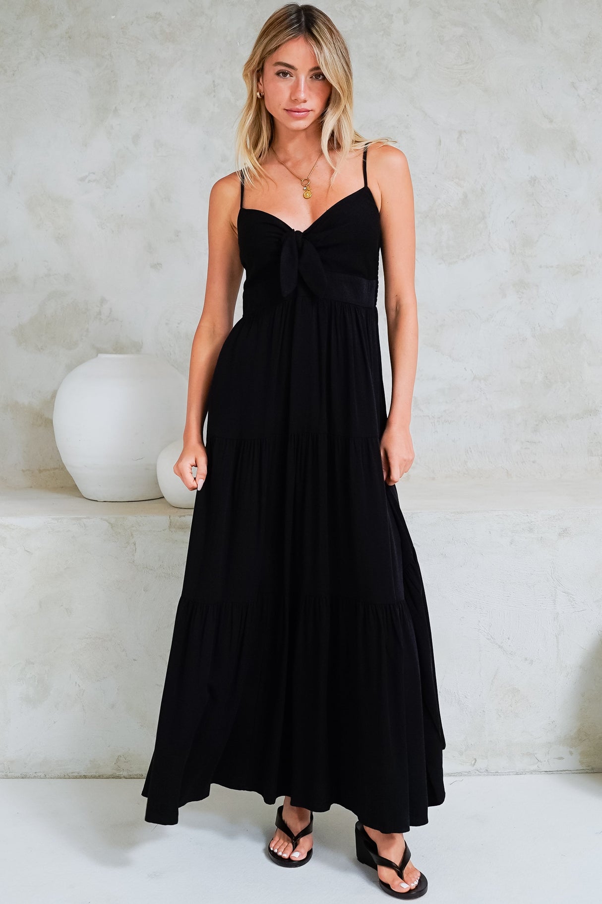 Constantine Maxi Dress - Bow Tie Bust Tiered Sun Dress with Pockets in Black