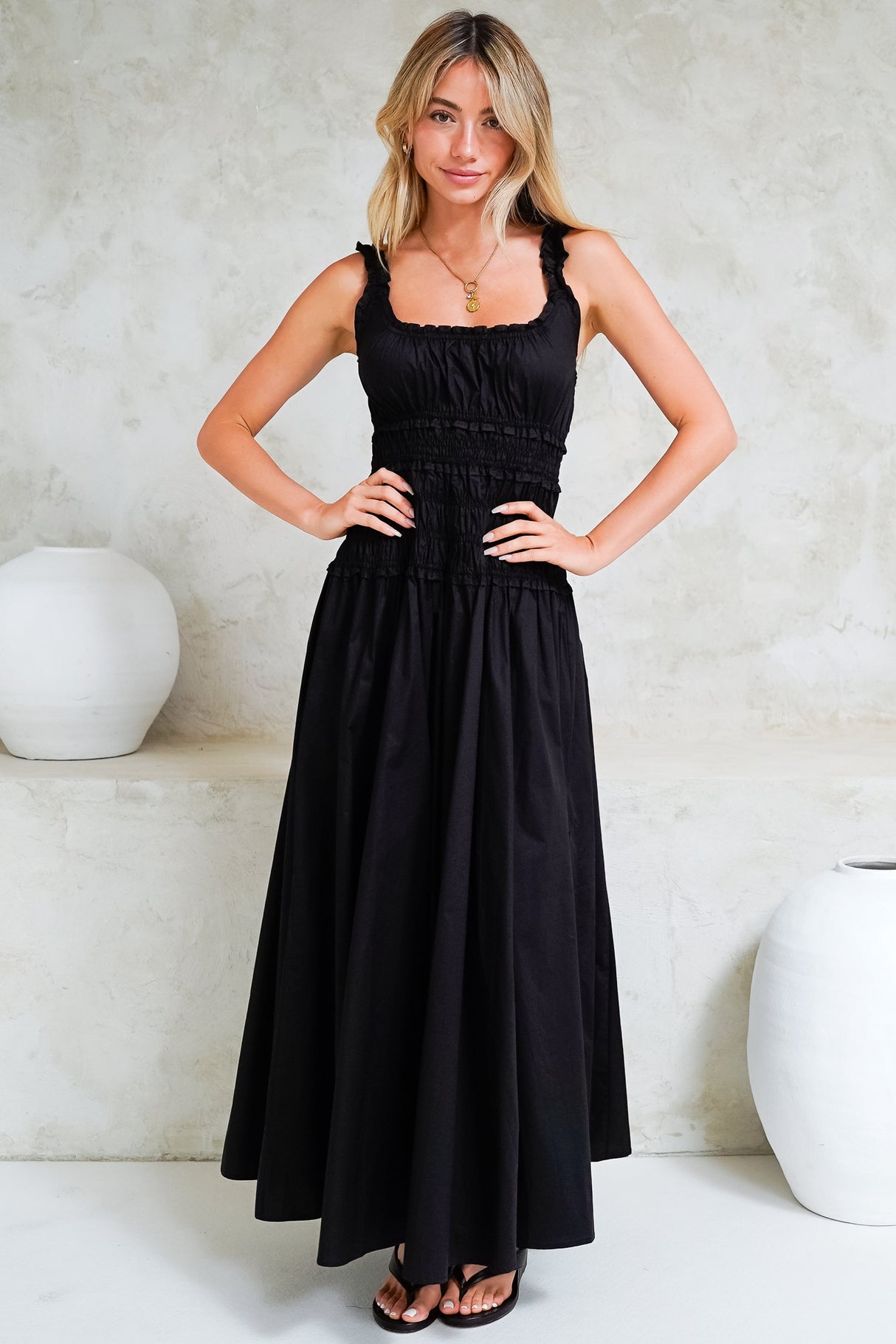 Loyola Maxi Dress - Shirred Bodice Sun Dress with Side Split in Black