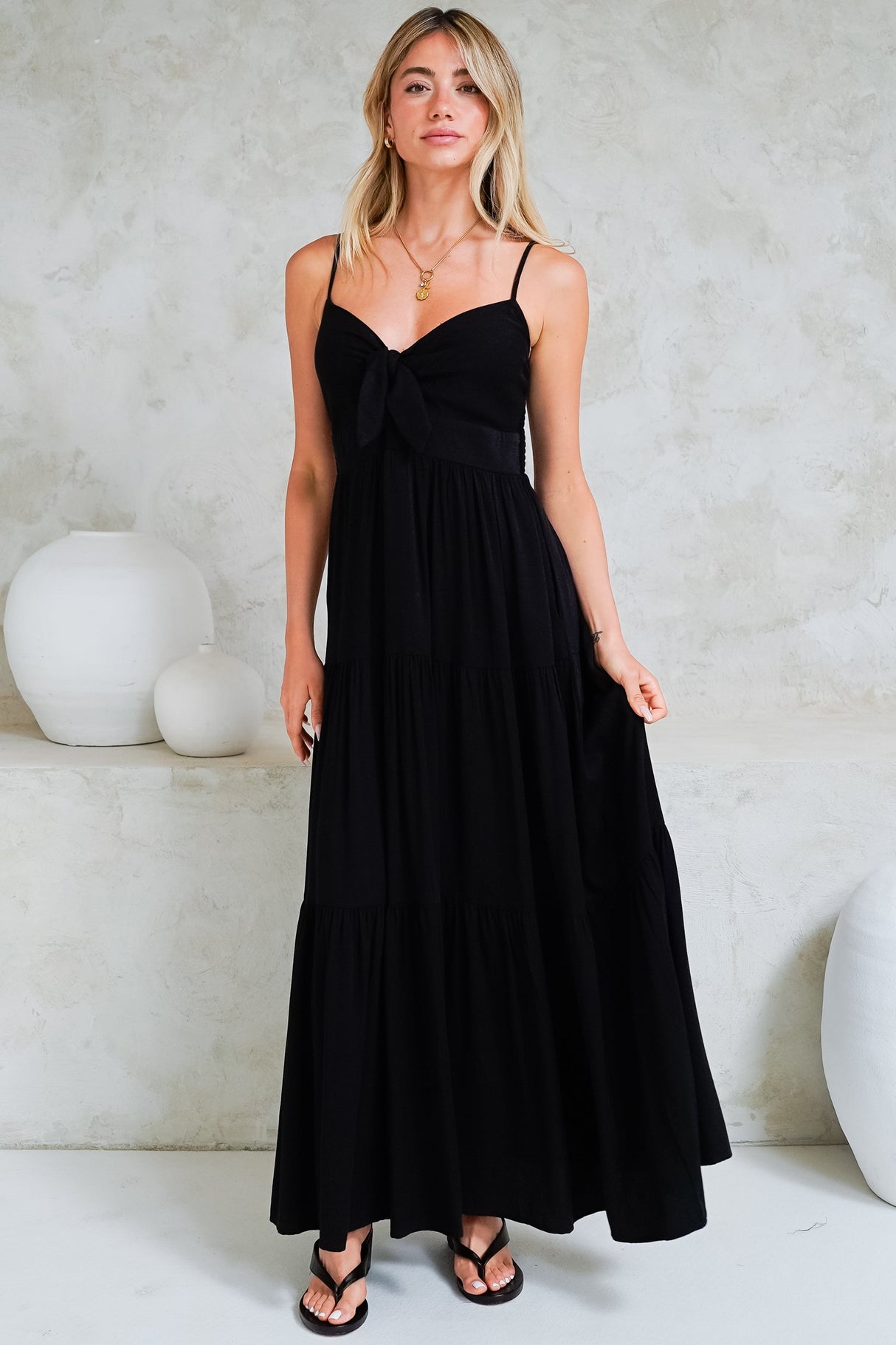 Constantine Maxi Dress - Bow Tie Bust Tiered Sun Dress with Pockets in Black