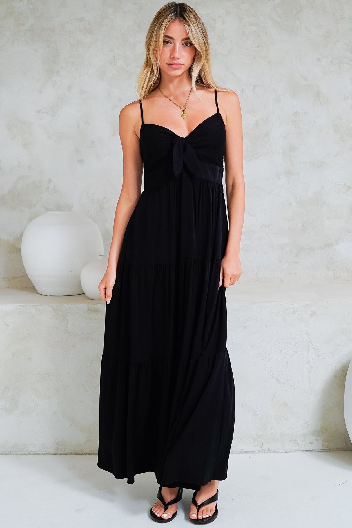 Constantine Maxi Dress - Bow Tie Bust Tiered Sun Dress with Pockets in Black