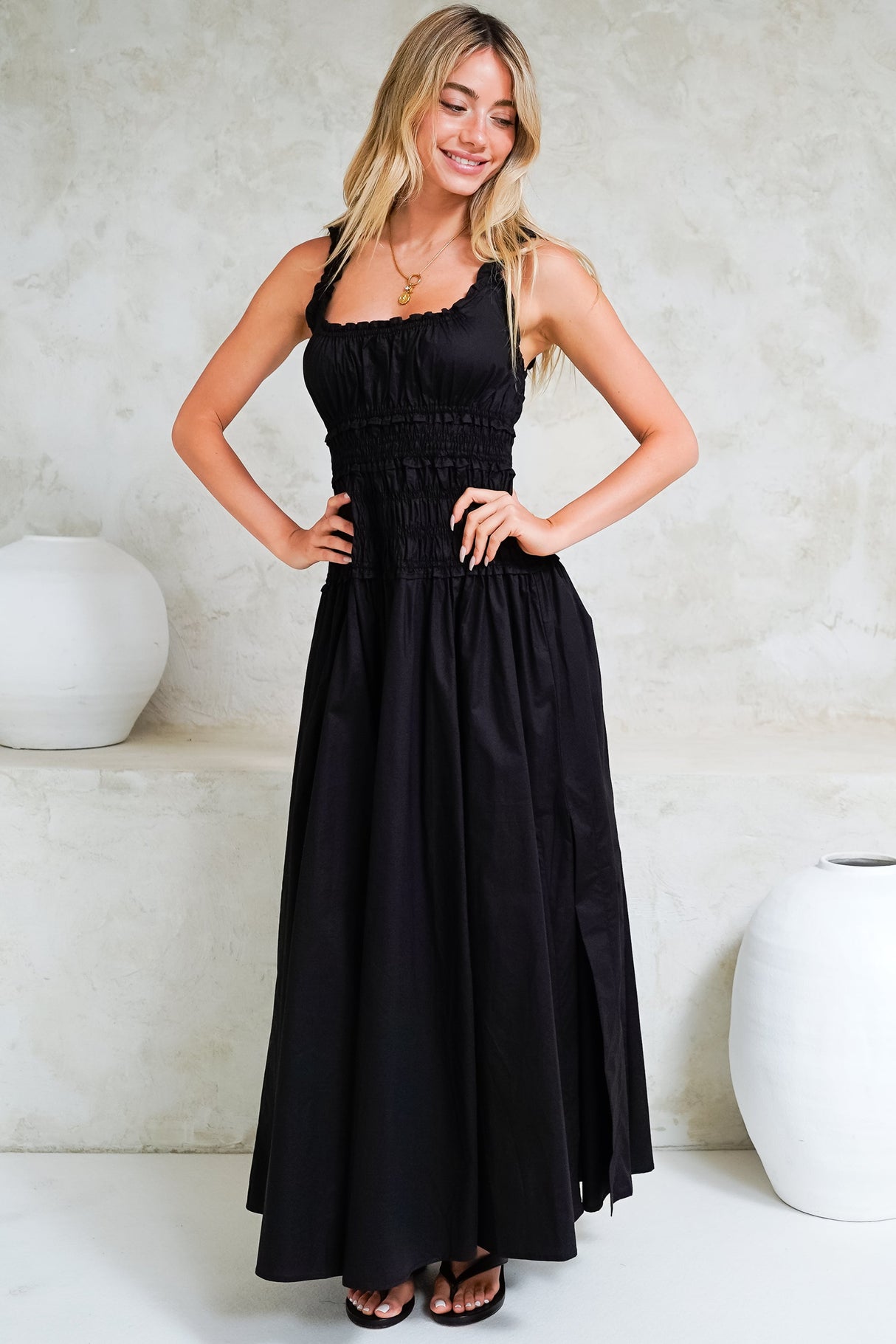 Loyola Maxi Dress - Shirred Bodice Sun Dress with Side Split in Black