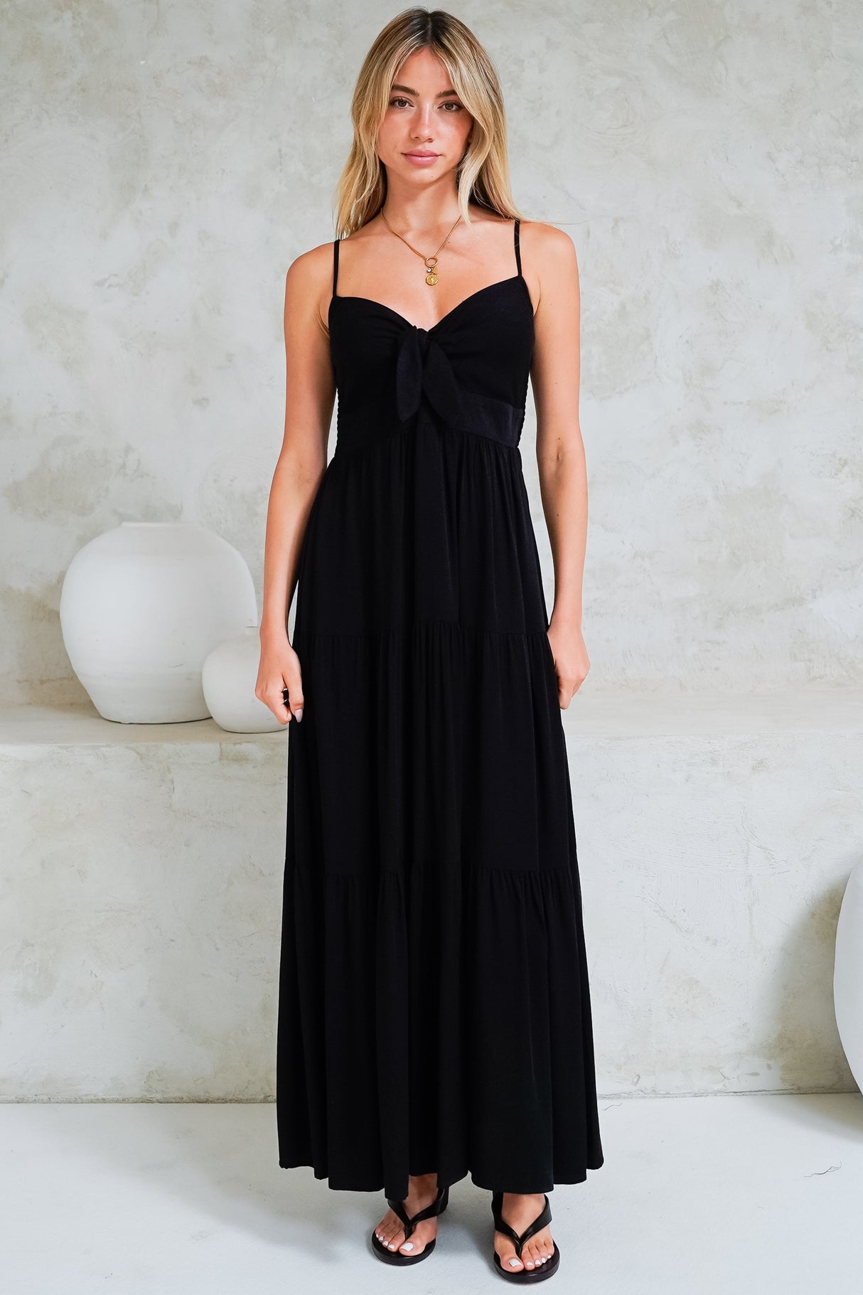 Constantine Maxi Dress - Bow Tie Bust Tiered Sun Dress with Pockets in Black