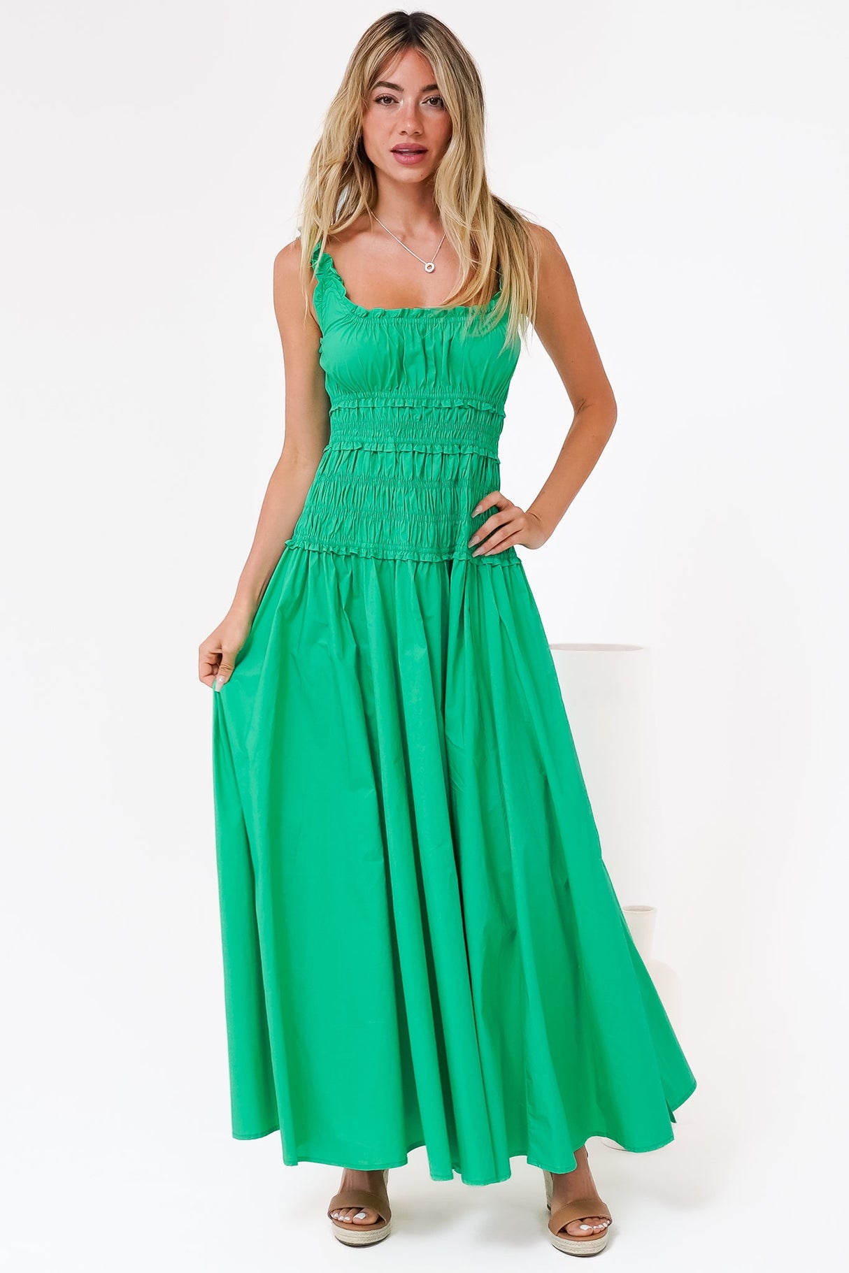 Loyola Maxi Dress - Shirred Bodice Sun Dress with Side Split in Green