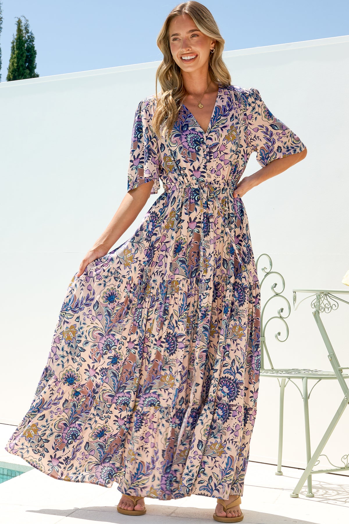 Luann Maxi Dress - V Neck Dress with Drawstring Waist and Flutter Sleeves in Oaklane Print