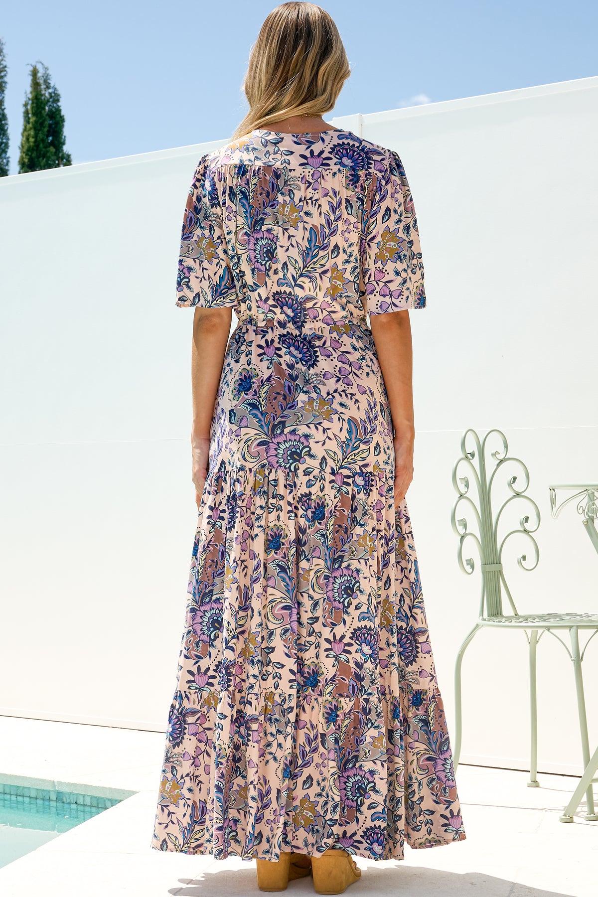 Luann Maxi Dress - V Neck Dress with Drawstring Waist and Flutter Sleeves in Oaklane Print