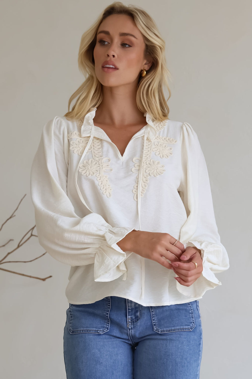 Lucian Blouse - Frill Neckline Pull Over Floral Decal Blouse in Cream