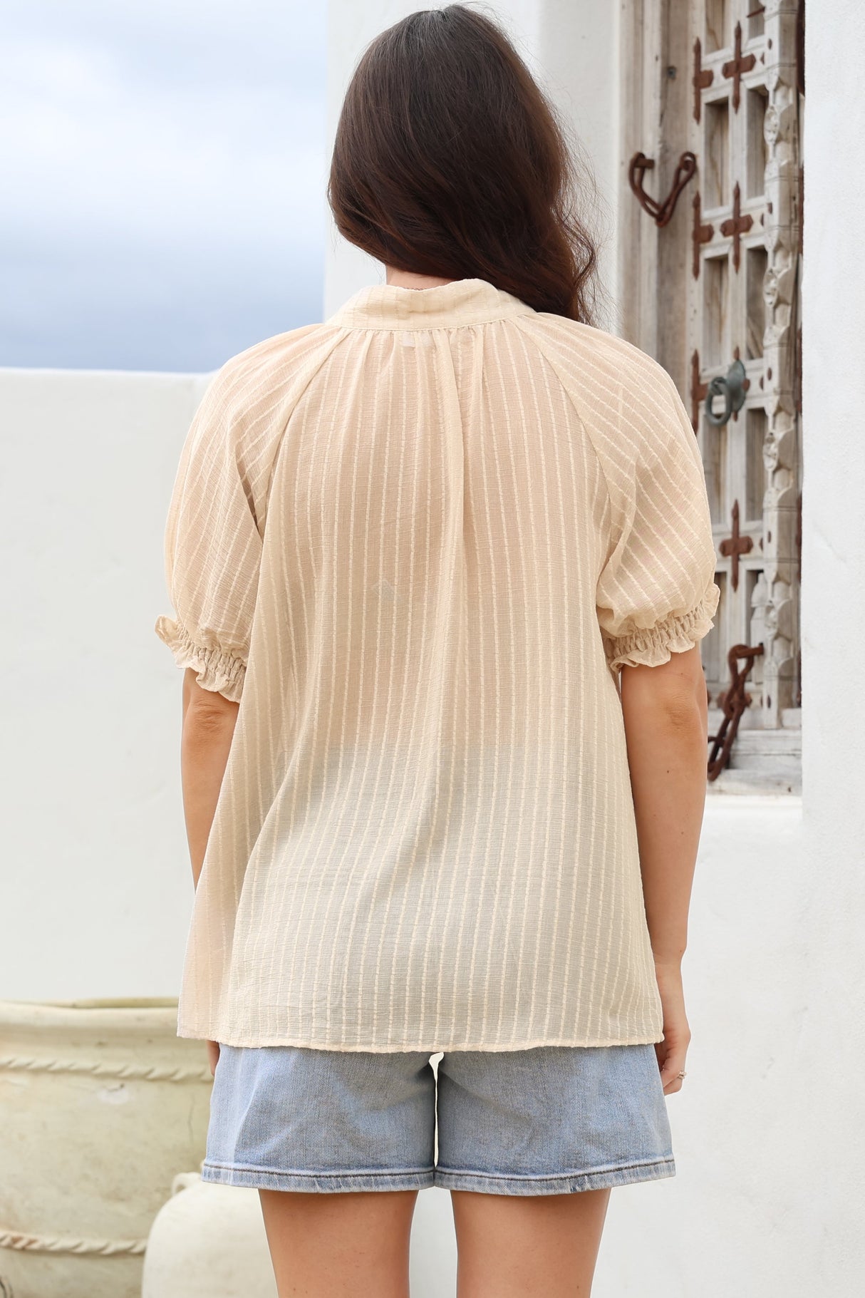 Luella Shirt - Subtle Textured Stripe Button Down with Puff Sleeves in Beige