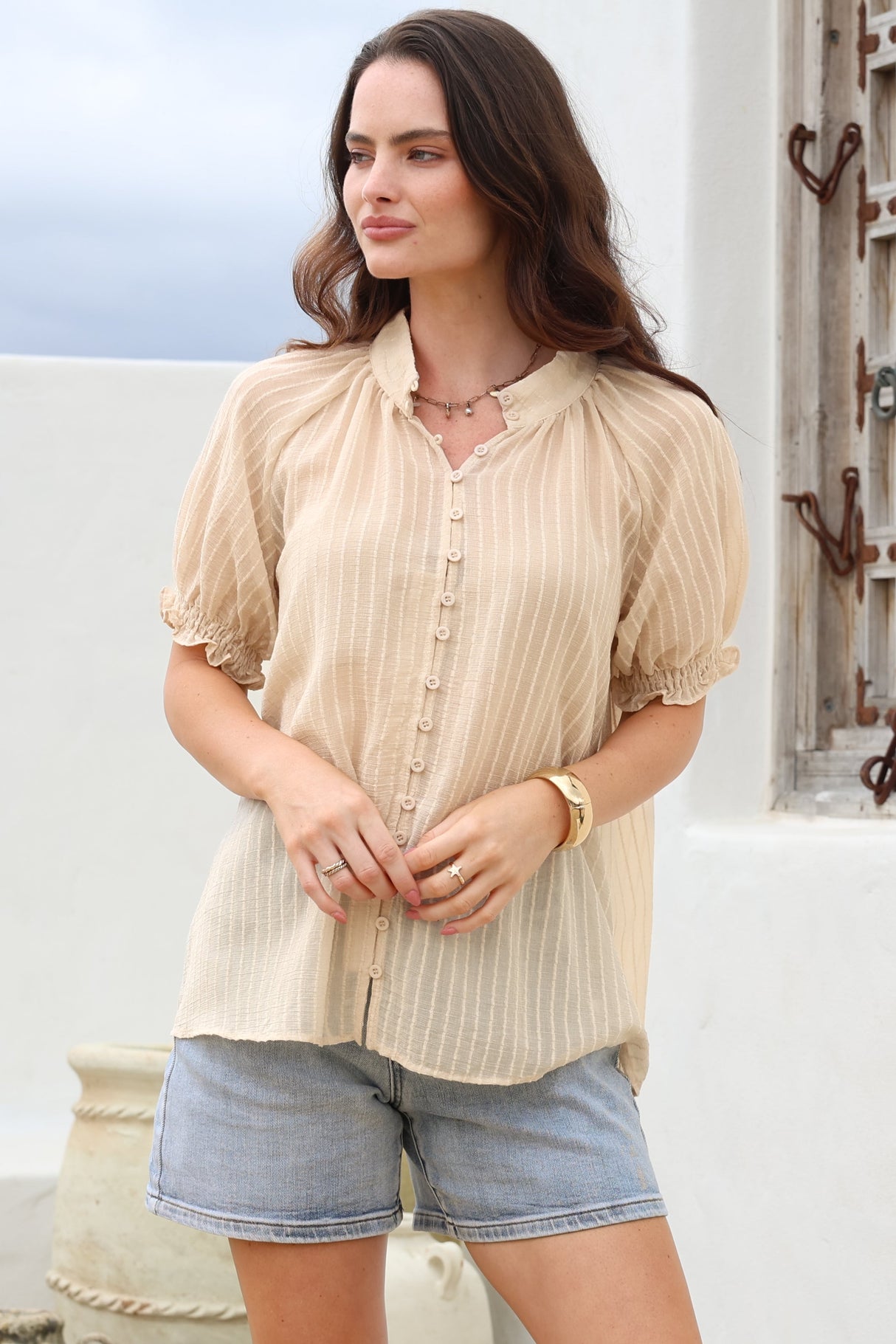 Luella Shirt - Subtle Textured Stripe Button Down with Puff Sleeves in Beige