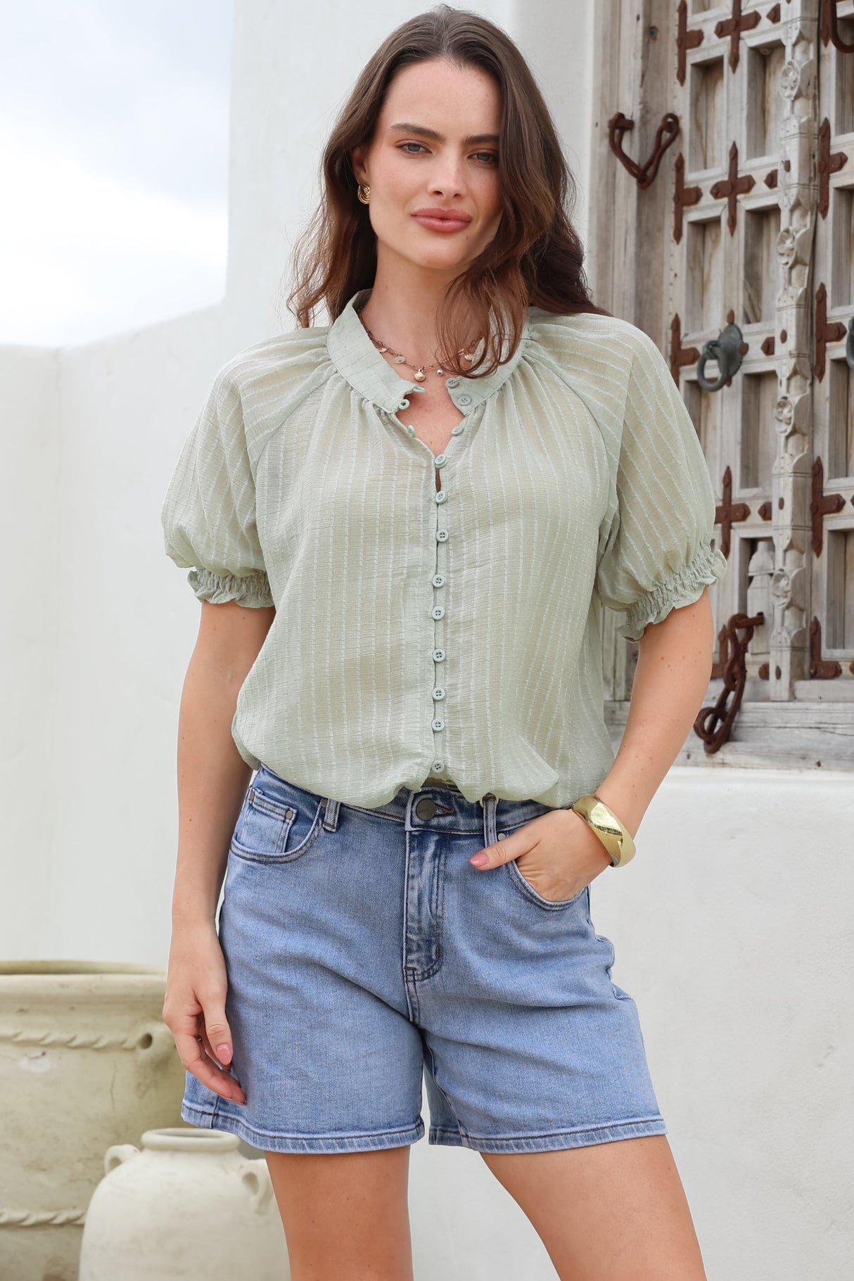 Luella Shirt - Subtle Textured Stripe Button Down with Puff Sleeves in Mint