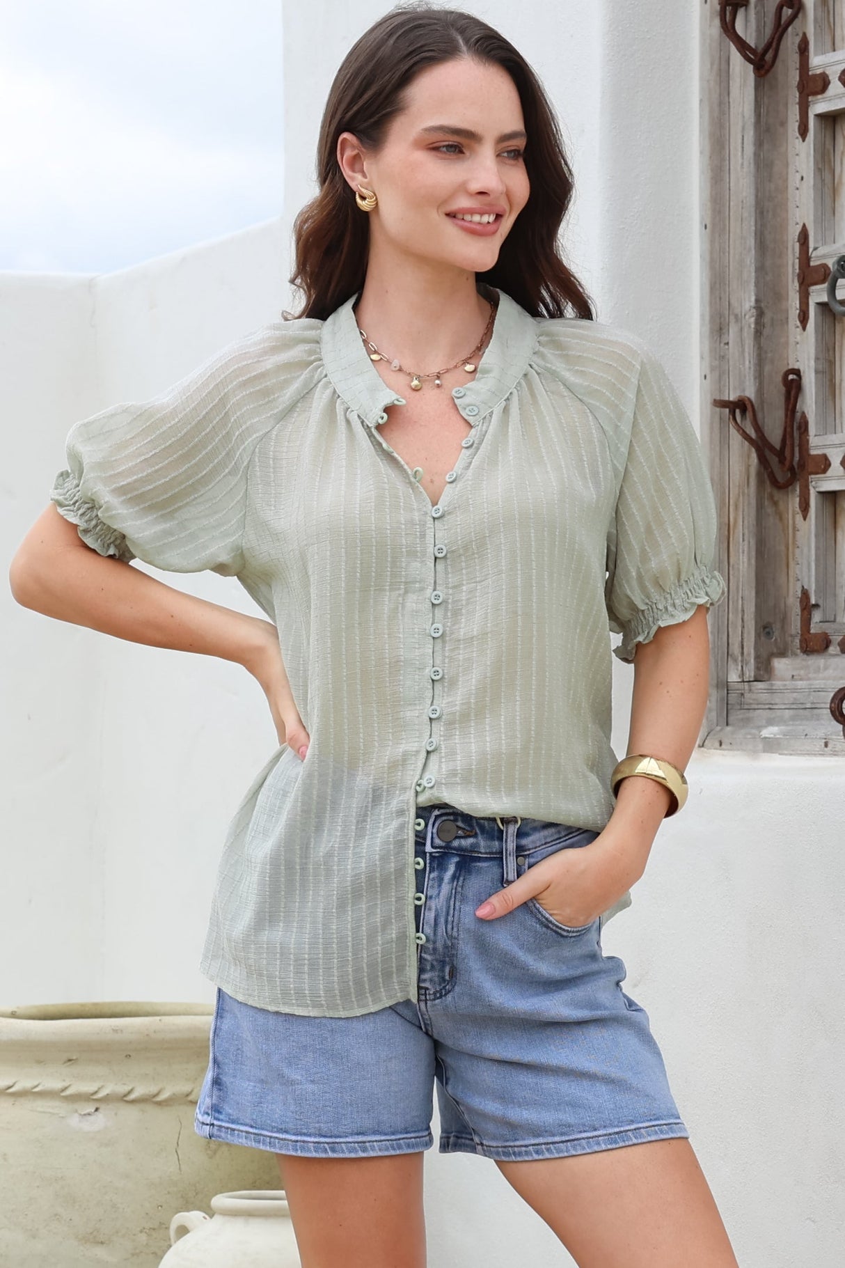 Luella Shirt - Subtle Textured Stripe Button Down with Puff Sleeves in Mint