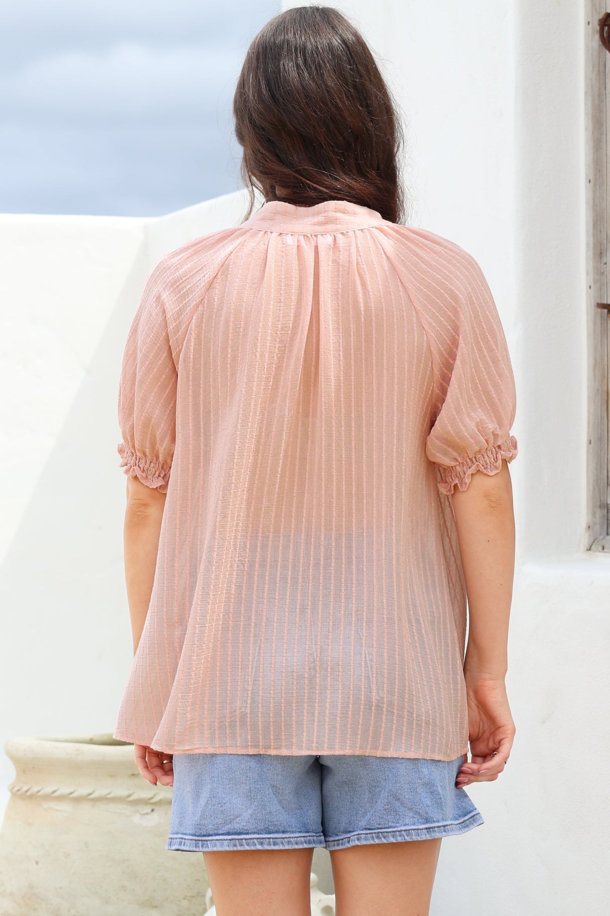 Luella Shirt - Subtle Textured Stripe Button Down with Puff Sleeves in Pink