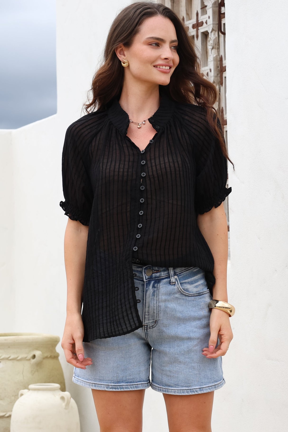 Luella Shirt - Subtle Textured Stripe Button Down with Puff Sleeves in Black