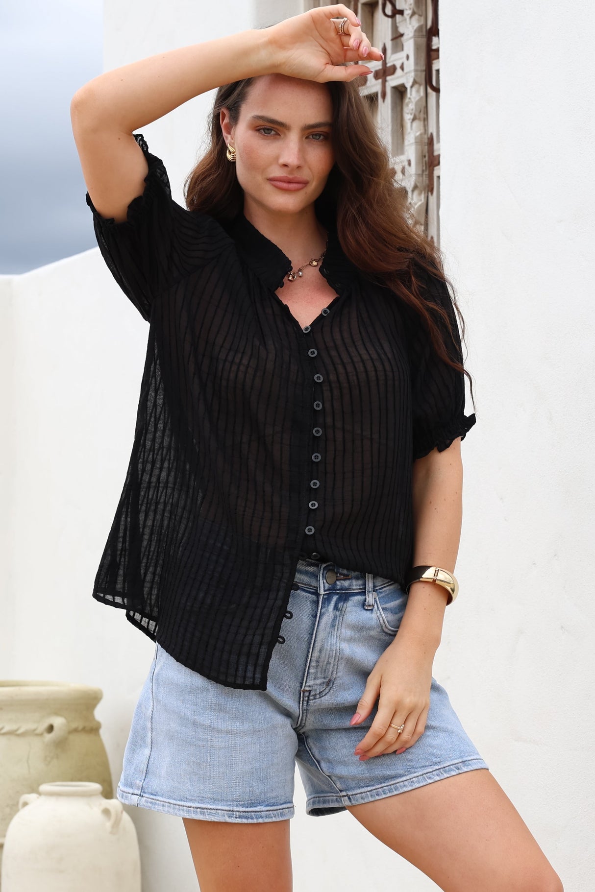 Luella Shirt - Subtle Textured Stripe Button Down with Puff Sleeves in Black