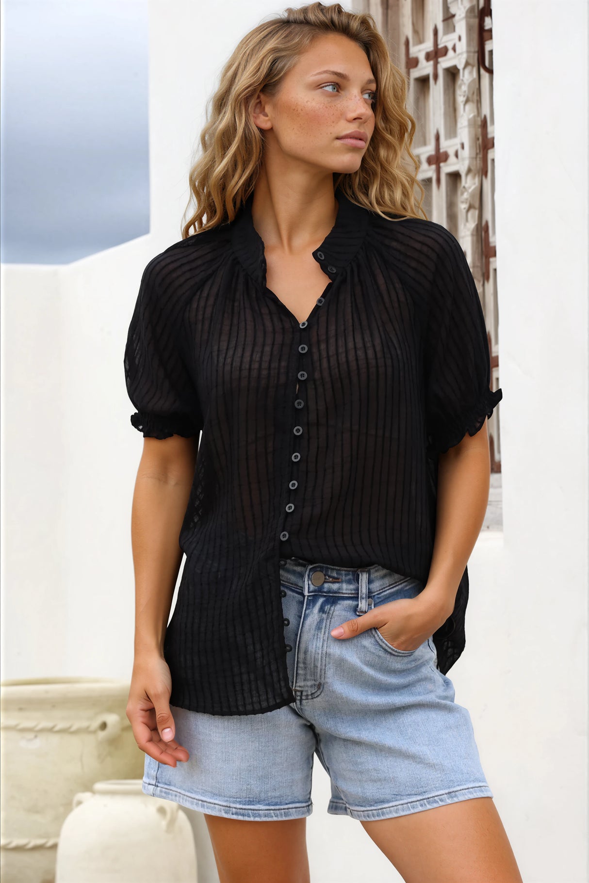 Luella Shirt - Subtle Textured Stripe Button Down with Puff Sleeves in Black