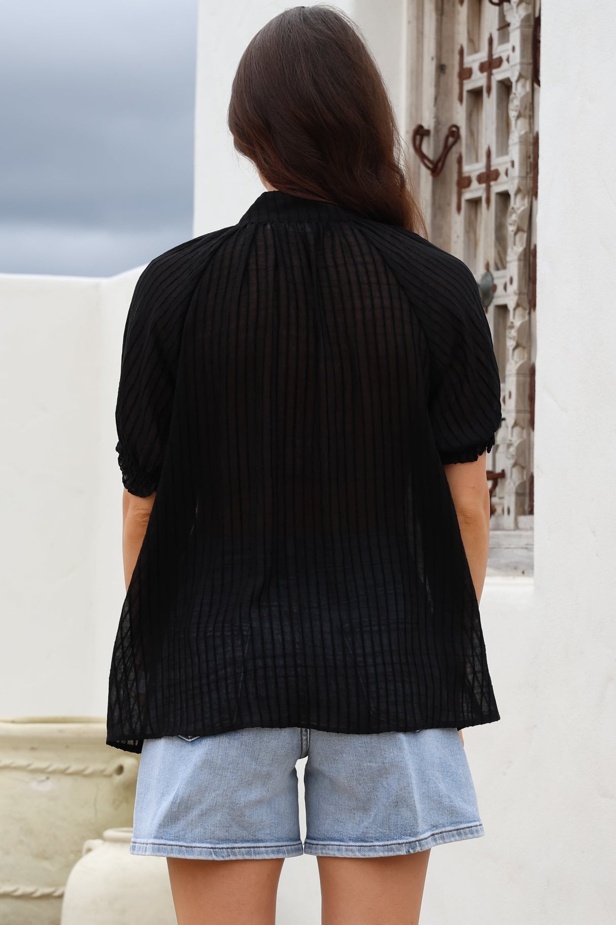 Luella Shirt - Subtle Textured Stripe Button Down with Puff Sleeves in Black