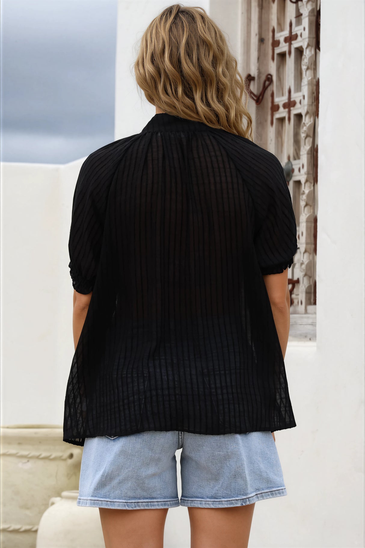 Luella Shirt - Subtle Textured Stripe Button Down with Puff Sleeves in Black