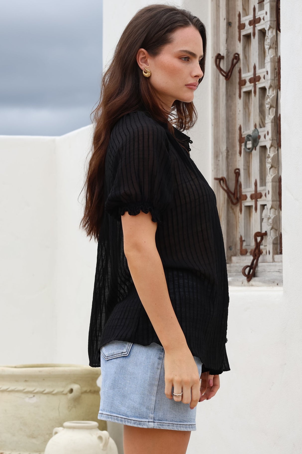 Luella Shirt - Subtle Textured Stripe Button Down with Puff Sleeves in Black