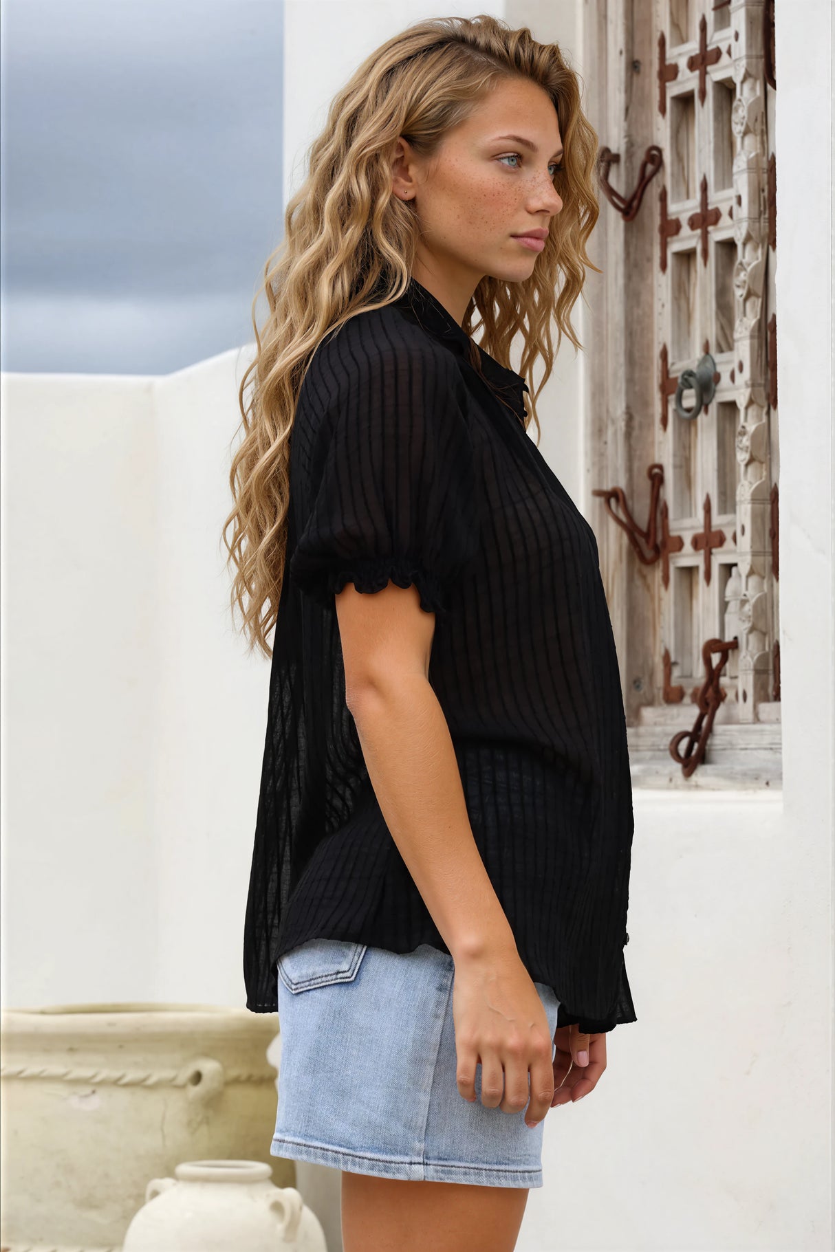 Luella Shirt - Subtle Textured Stripe Button Down with Puff Sleeves in Black