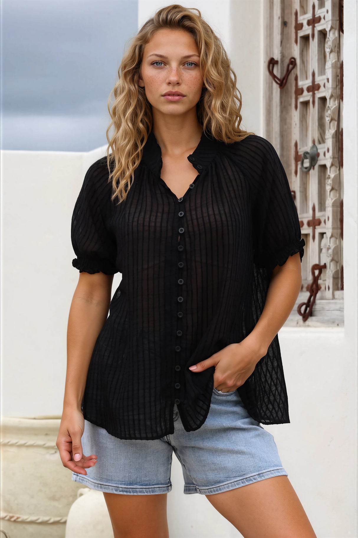 Luella Shirt - Subtle Textured Stripe Button Down with Puff Sleeves in Black