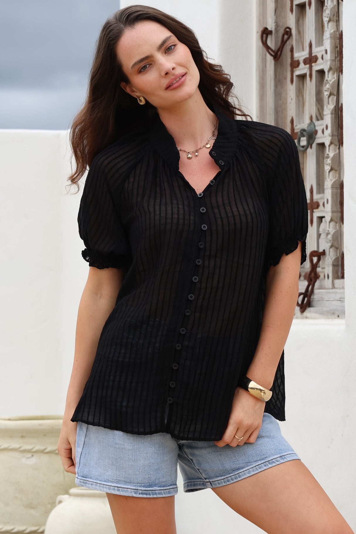 Luella Shirt - Subtle Textured Stripe Button Down with Puff Sleeves in Black