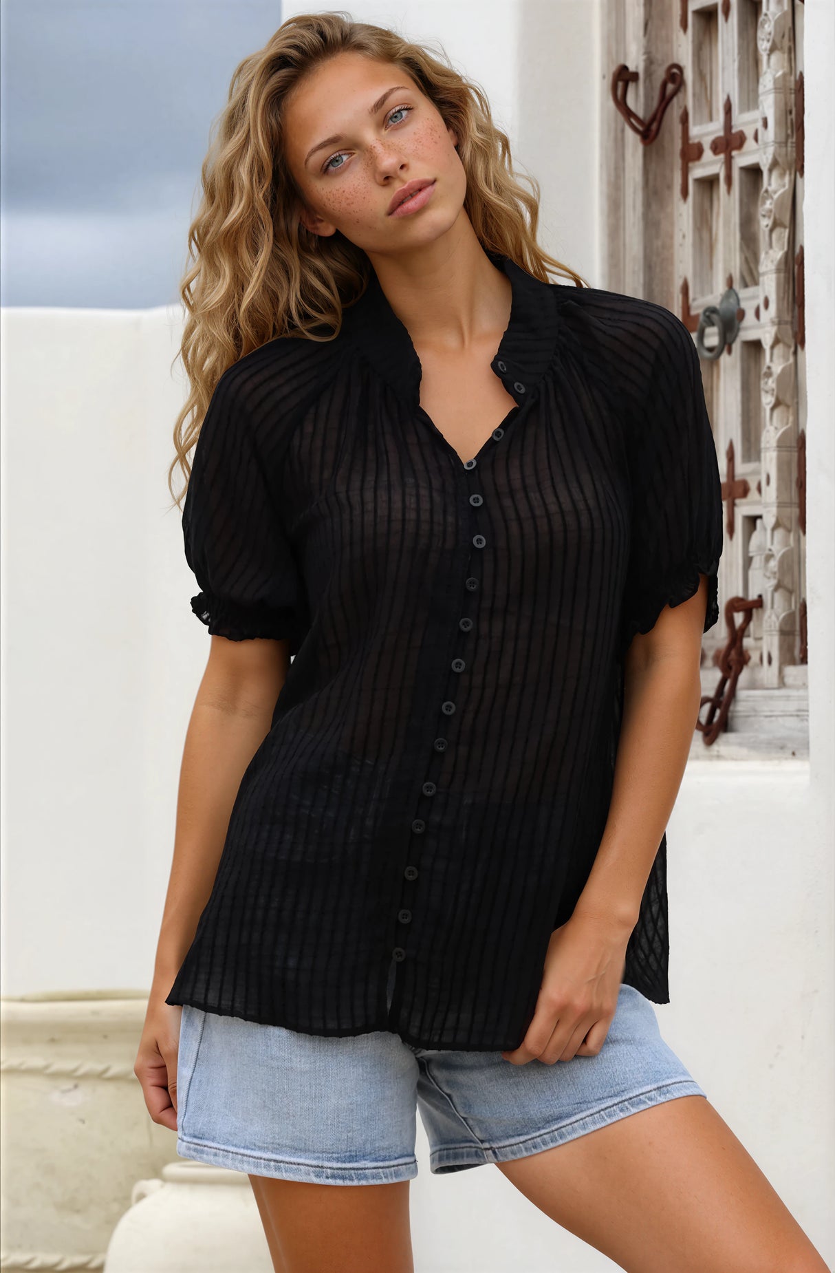 Luella Shirt - Subtle Textured Stripe Button Down with Puff Sleeves in Black