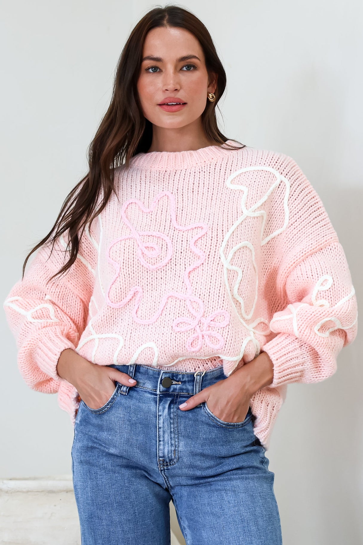 Lulu Jumper - Crew Neck Abstract Floral Motif Knit with Balloon Sleeves in Baby Pink
