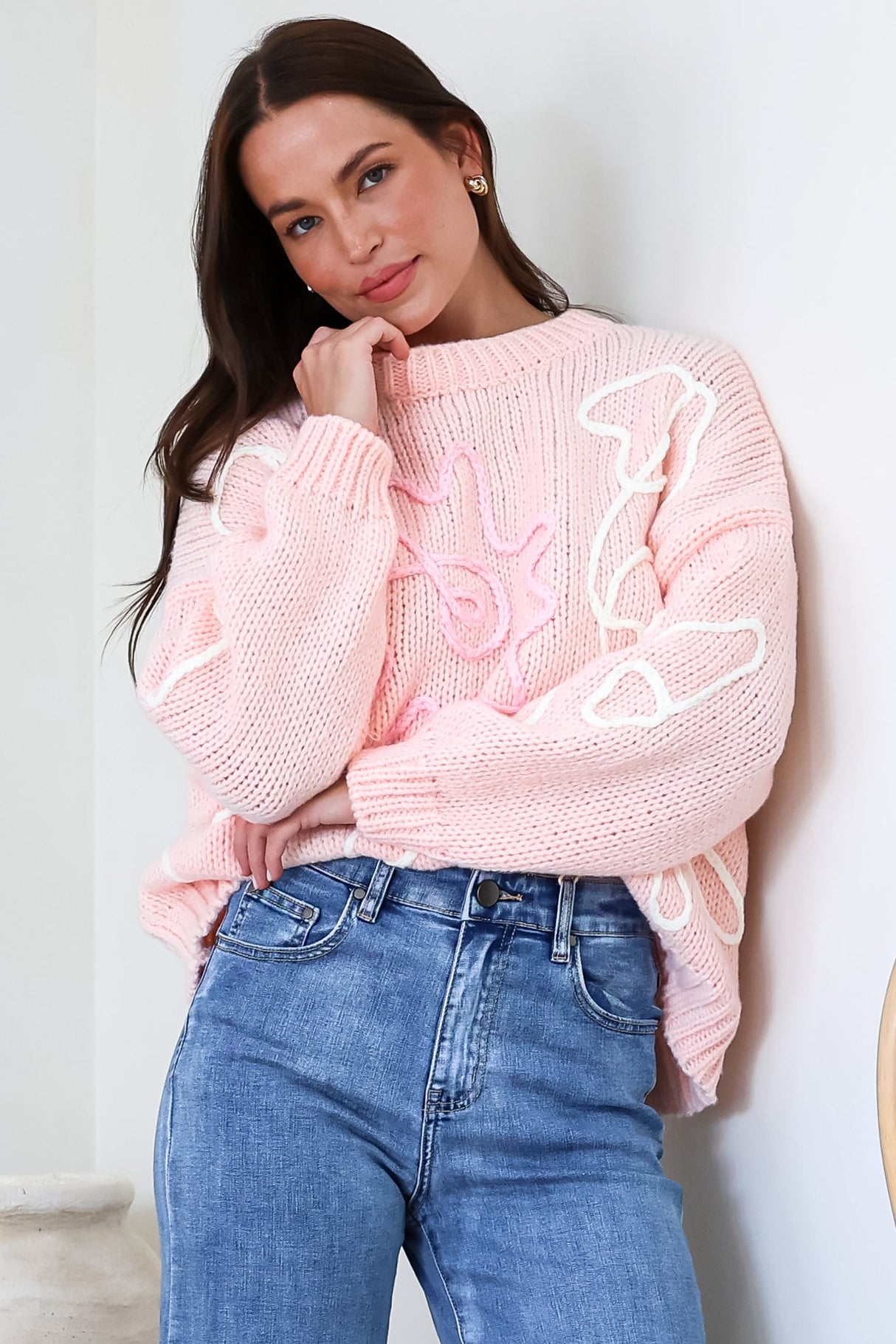 Lulu Jumper - Crew Neck Abstract Floral Motif Knit with Balloon Sleeves in Baby Pink