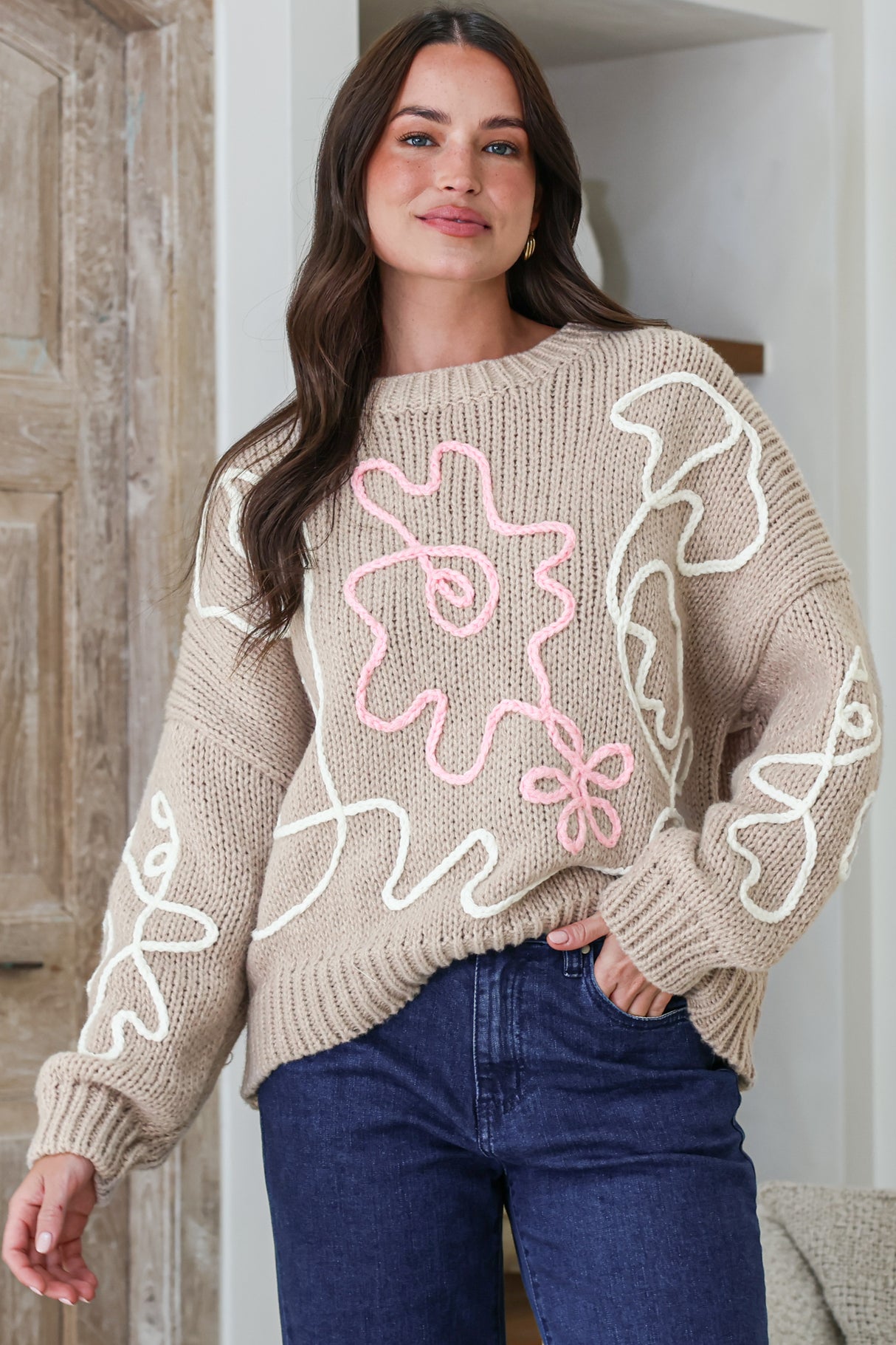 Model wearing Lulu Jumper in Taupe from Salty Crush