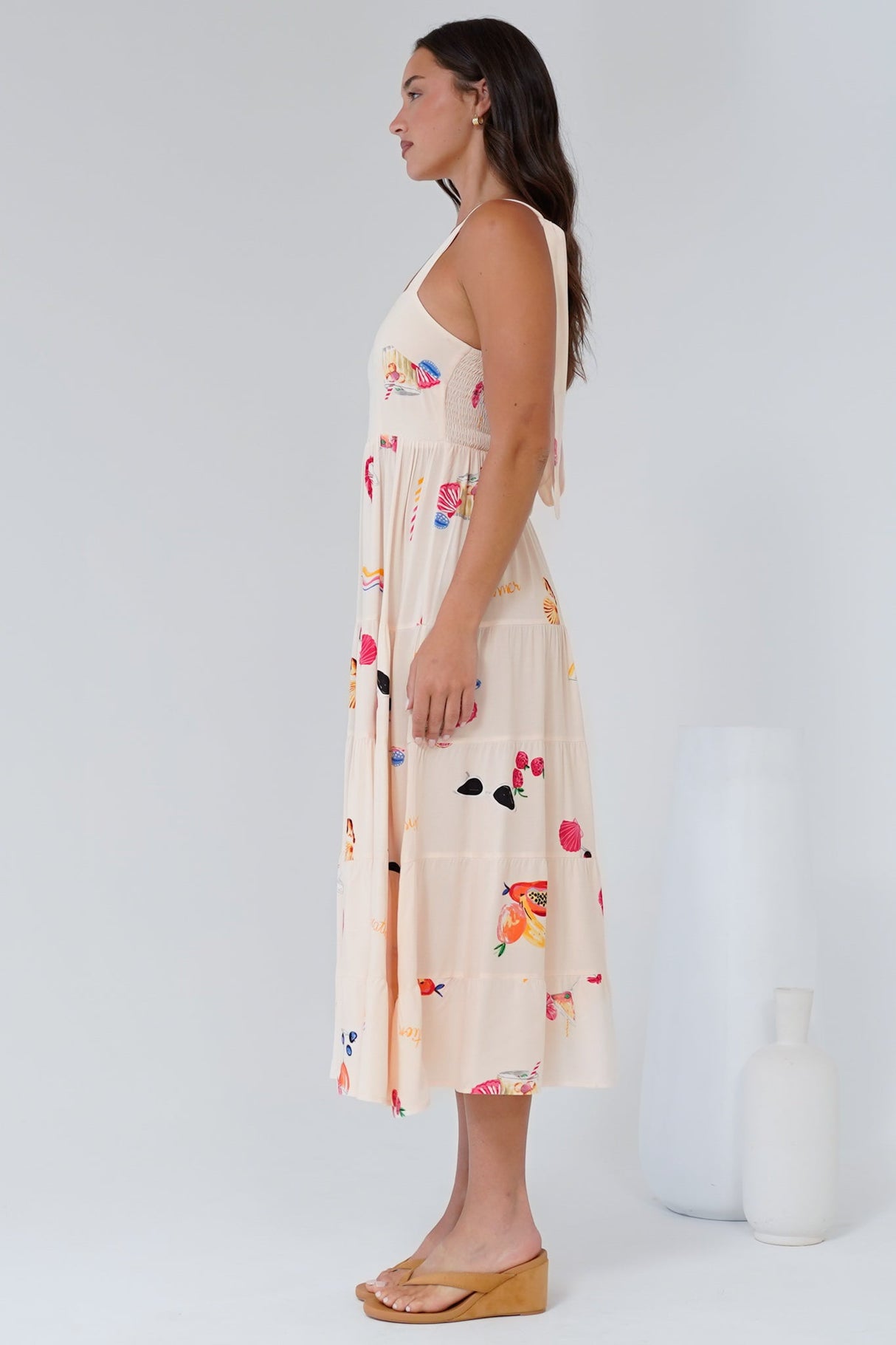 Luna Midi Dress - Tie Up Strap Tiered Sun Dress in Seasons Print