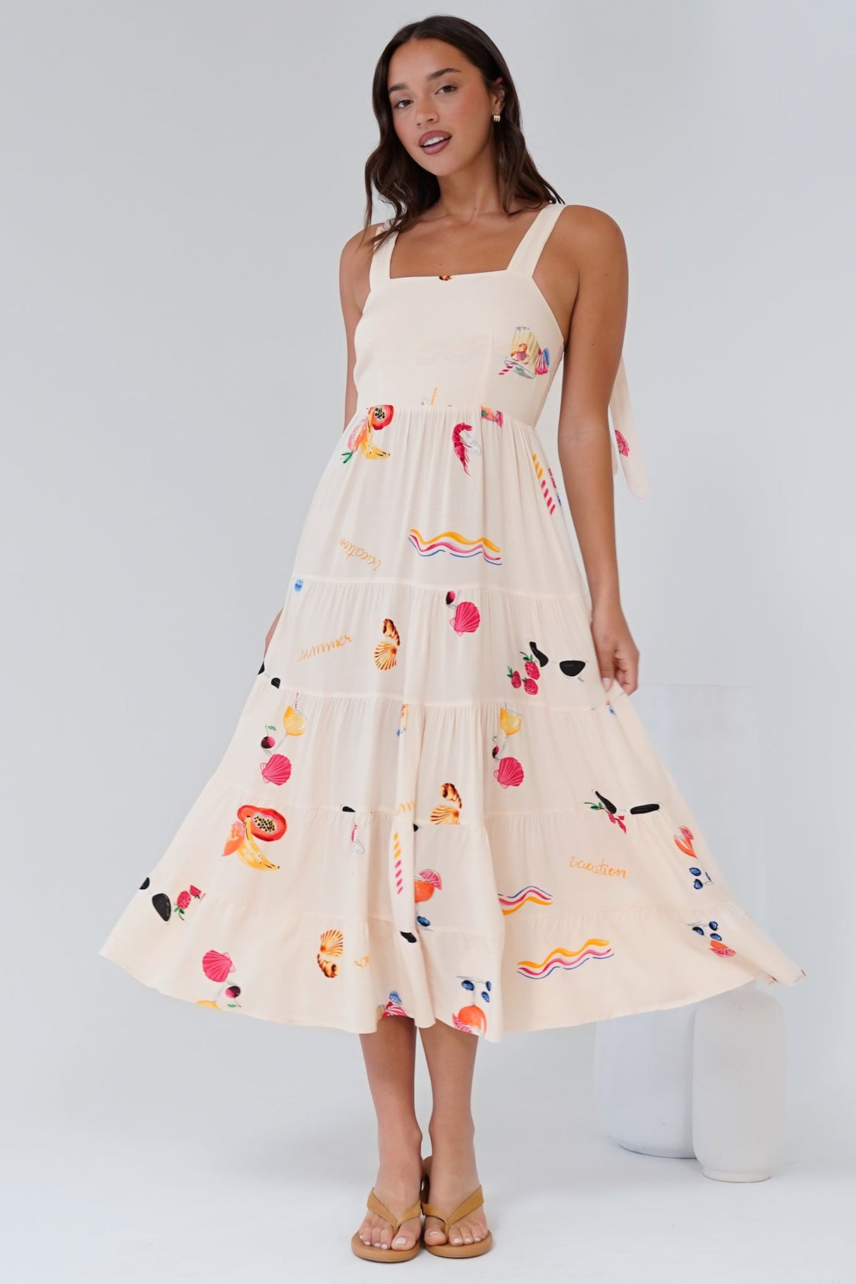 Luna Midi Dress - Tie Up Strap Tiered Sun Dress in Seasons Print
