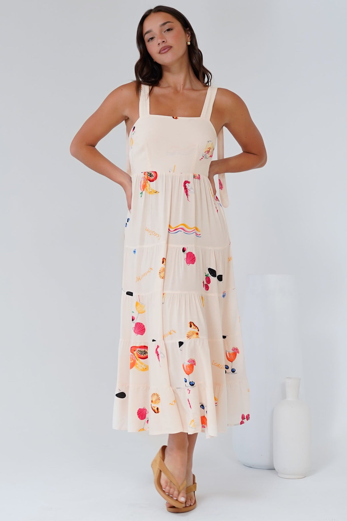 Luna Midi Dress - Tie Up Strap Tiered Sun Dress in Seasons Print