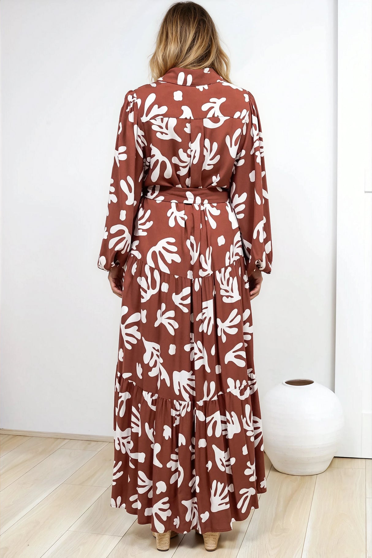 Luxley Maxi Dress - Collared Button Down Shirt Dress with Matching Belt in Stassie Print Brown