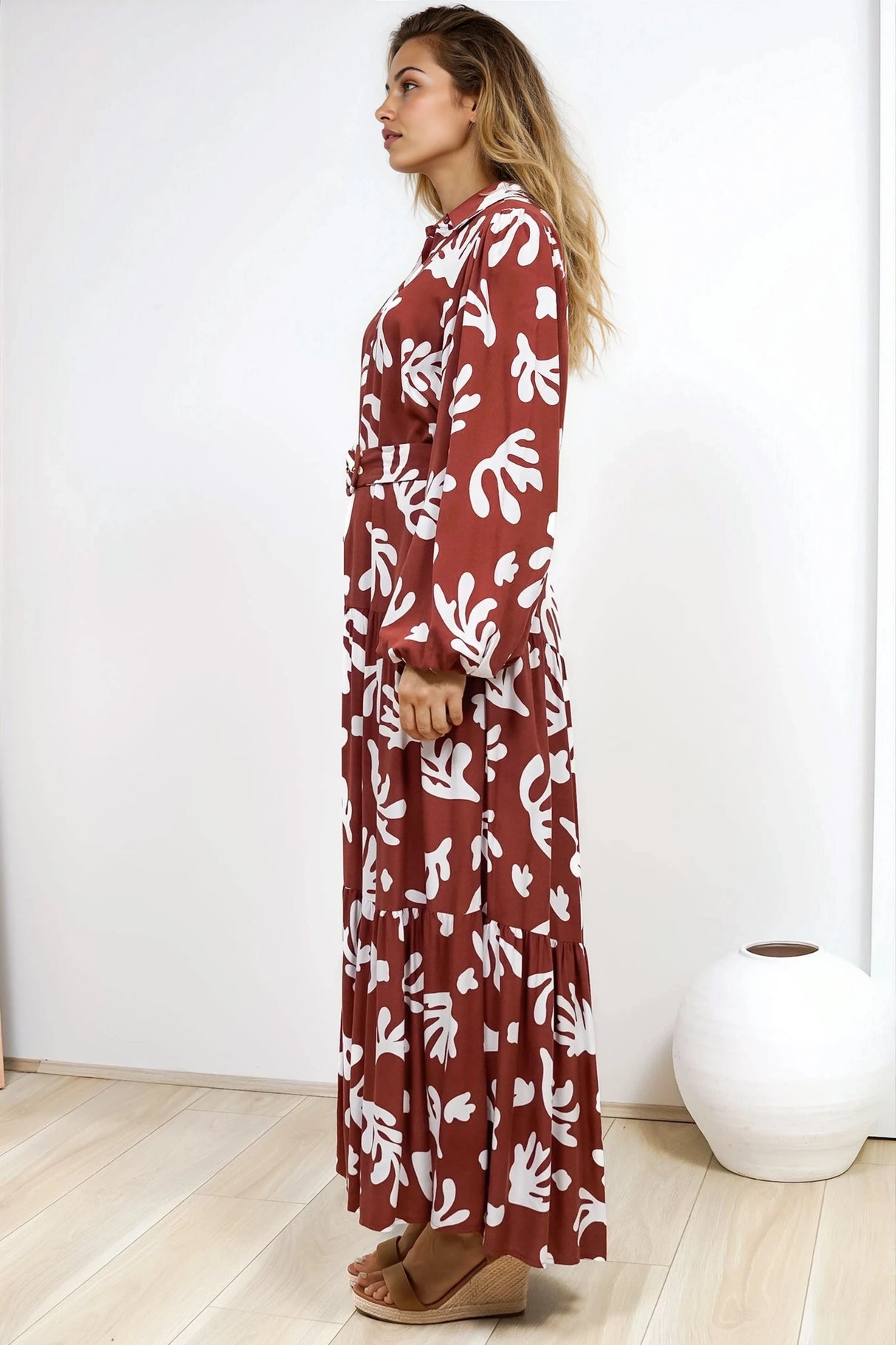 Luxley Maxi Dress - Collared Button Down Shirt Dress with Matching Belt in Stassie Print Brown