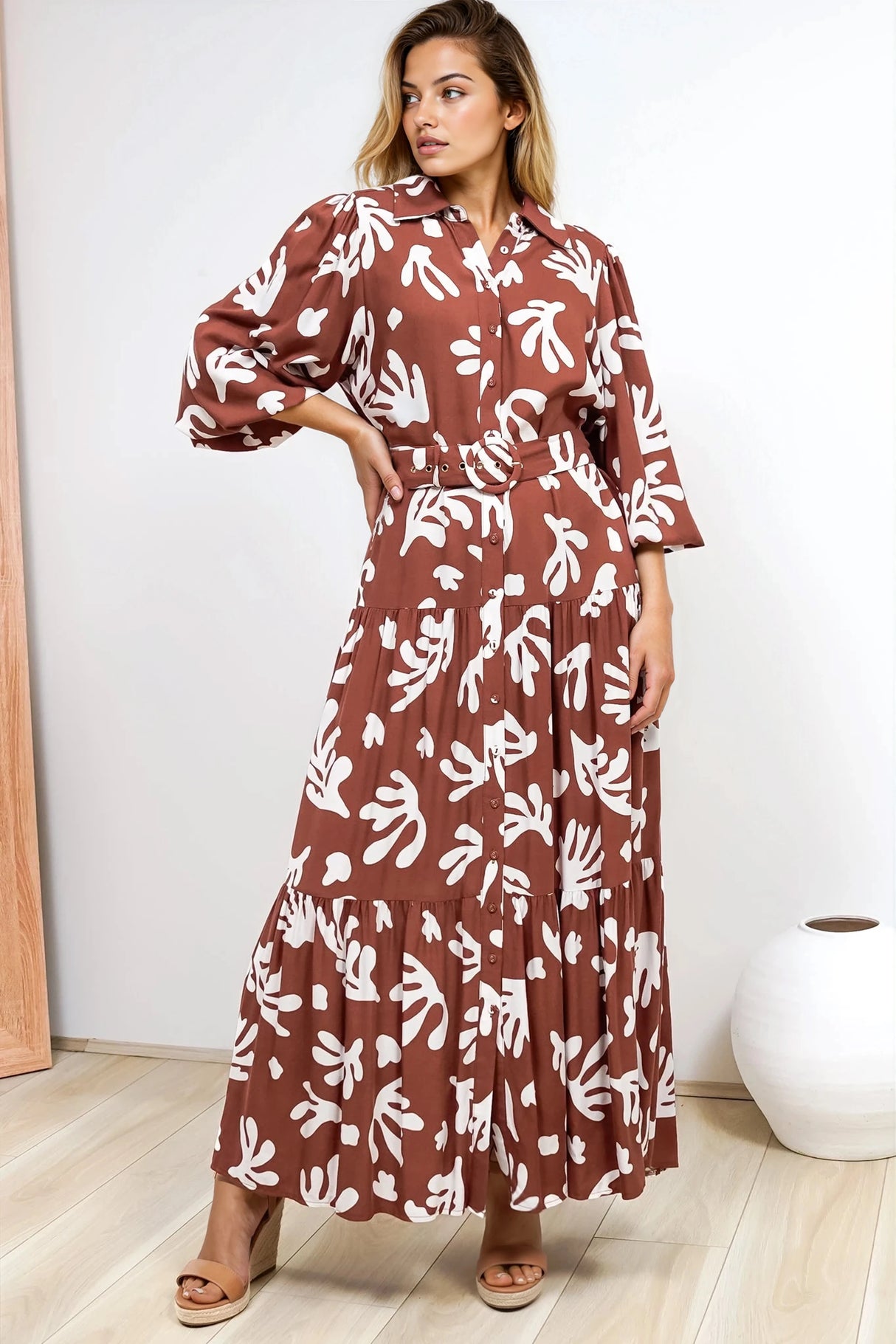 Model wearing Luxely Maxi Dress in Stassie Print Brown from Salty Crush