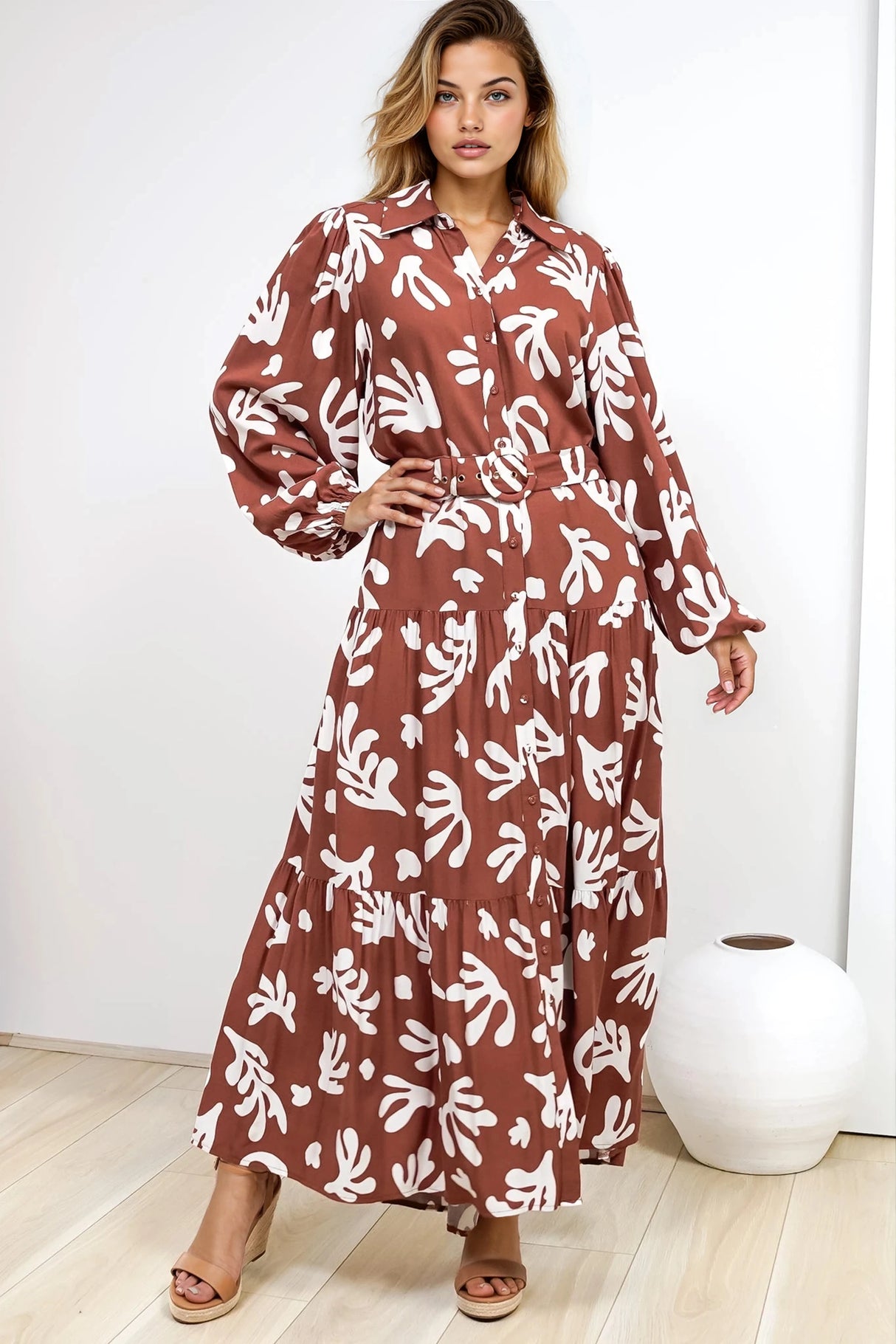 Luxley Maxi Dress - Collared Button Down Shirt Dress with Matching Belt in Stassie Print Brown